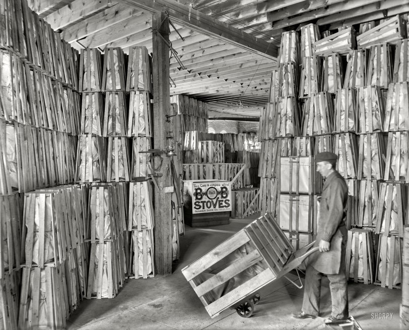 Chelsea, Michigan, circa 1901. "Glazier Stove Company, shipping room." Our sixth look behind the scenes at Glazier Stove, whose brand was B&amp;B ("Brightest and Best"). 8x10 inch glass negative, Detroit Publishing Company. View full size.
