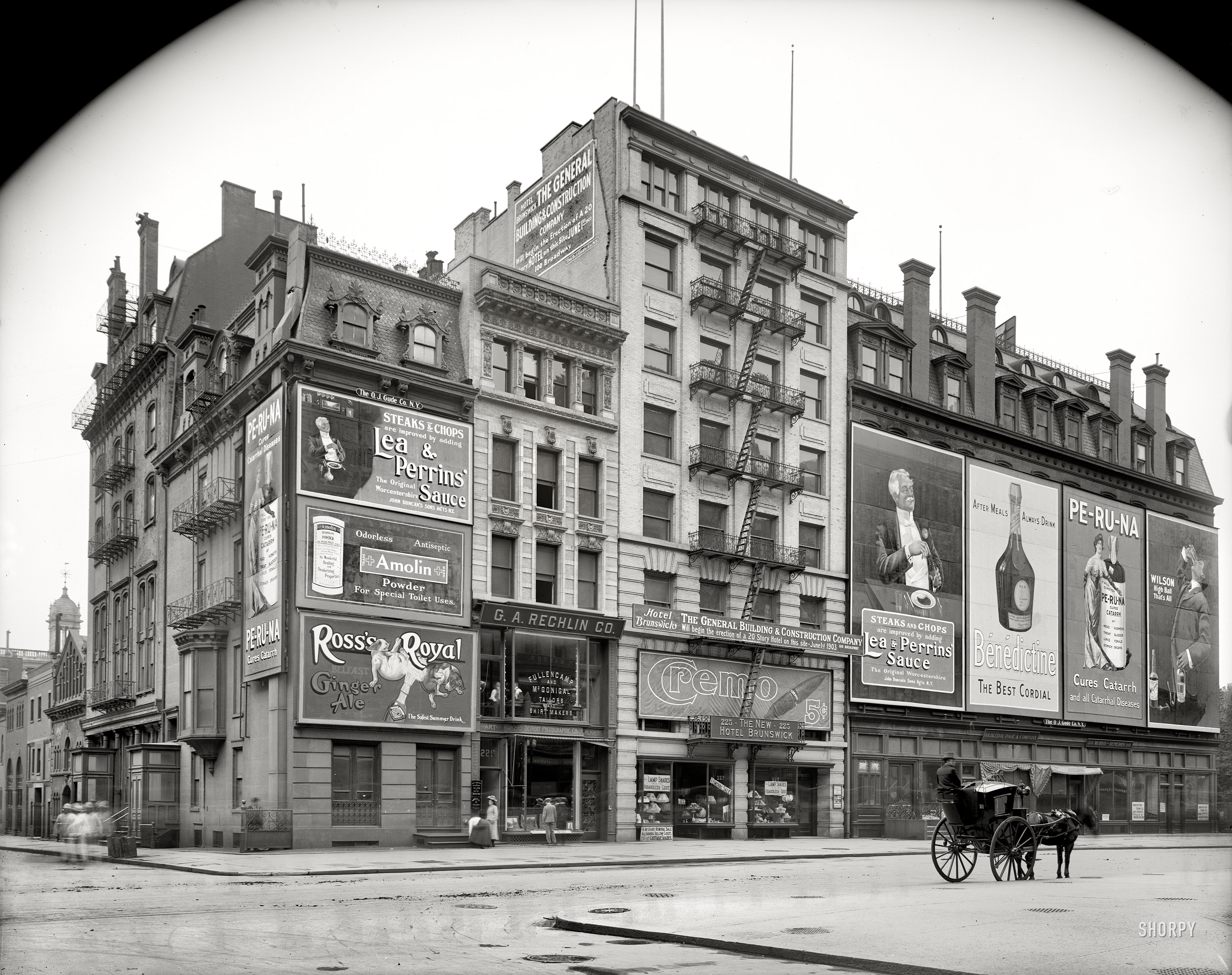 New York circa 1903. "Detroit Photographic Company, 229 Fifth Avenue." On this block destined for demolition, Everything Must Go. And Everywhere a Sign. And, for connoisseurs of ghost pedestrians, two sets of spectral footfalls. Plus a Dept. of Sanitation sweeper! Detroit Publishing glass negative. View full size.