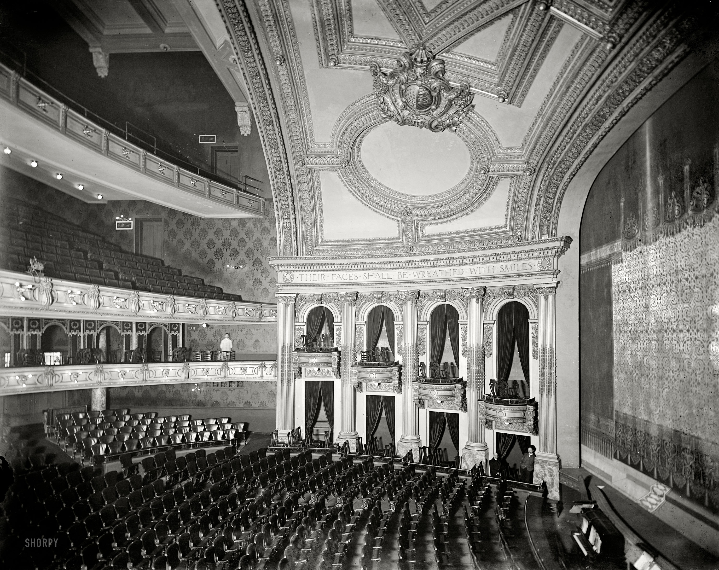 Detroit, Michigan, circa 1905. "Temple Theatre, interior." A vaudeville house with that lived-in look. Detroit Publishing glass negative. View full size.
