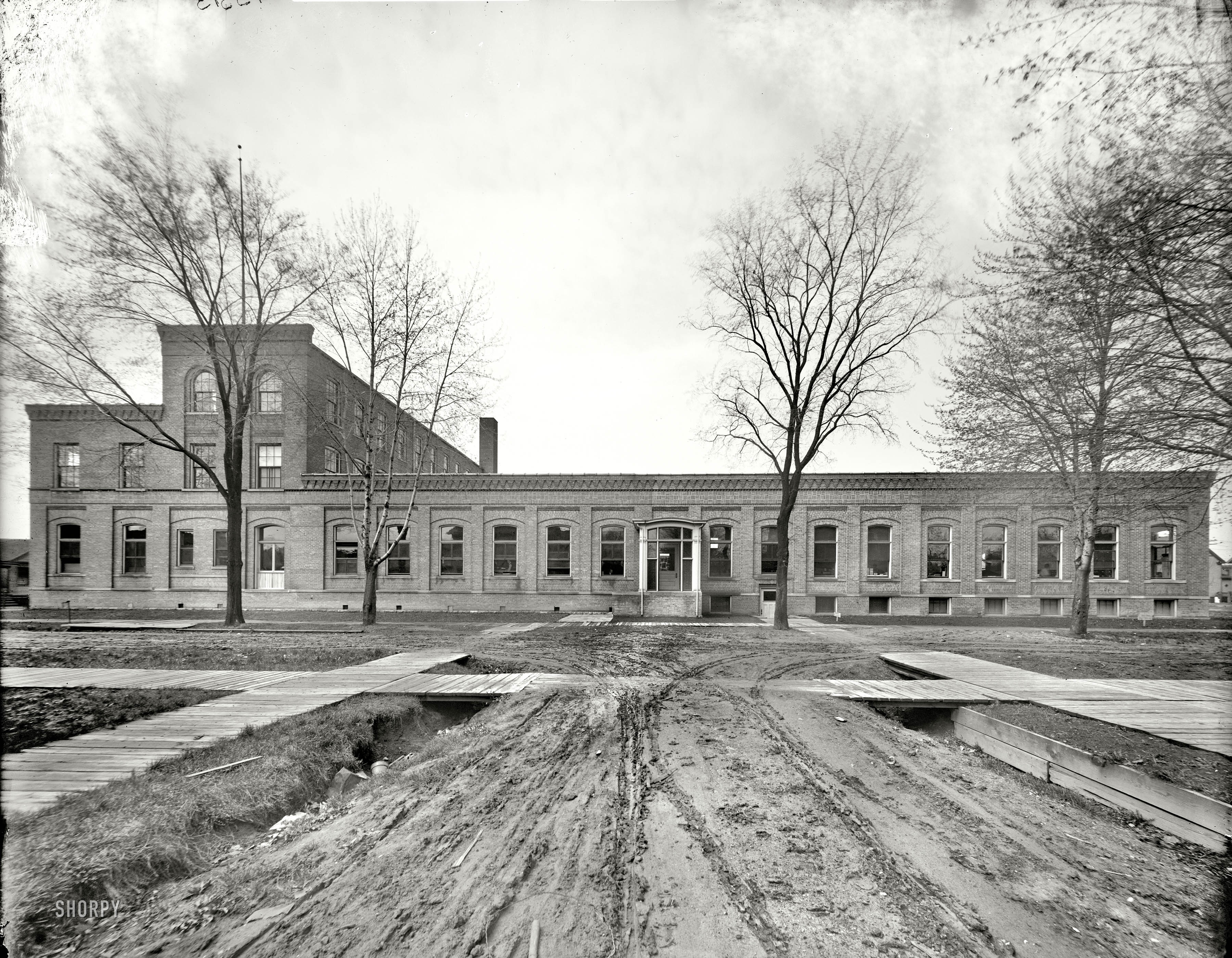 Detroit, Michigan, circa 1910. "Detroit Publishing Company, east front." The mothership for much of the large-format photography seen here. 8x10 inch dry plate glass negative, Detroit Publishing Company. View full size.