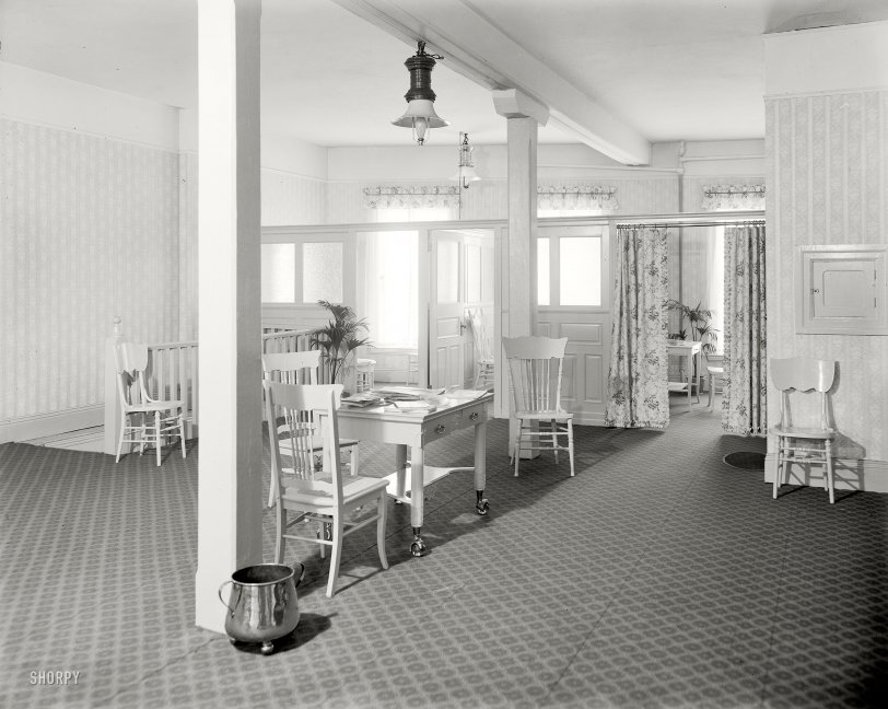 Circa 1915. "E.M. Bigsby Co. showrooms, restroom, third floor." Another of the depopulated interiors that seem to have been a Detroit Publishing specialty. E.M. Bigsby was a ladies' clothing store on Woodward Avenue run by one Miss E.M. Bigsby. 8x10 inch glass negative, Detroit Publishing Company. View full size.
