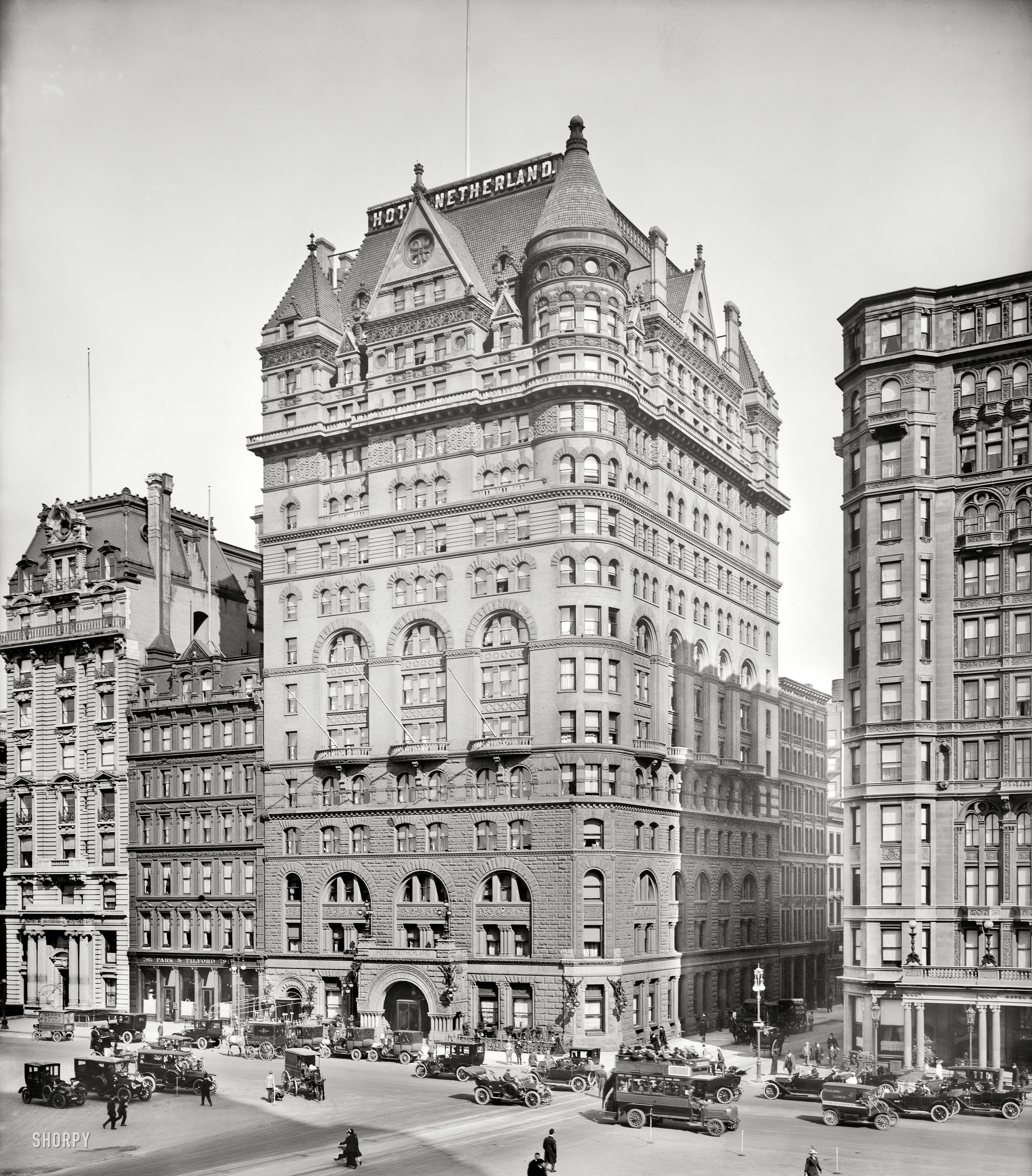 New York circa 1913. "Hotel Netherland, Fifth Avenue." 8x10 inch dry plate glass negative, Detroit Publishing Company. View full size.