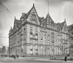 New York circa 1912. "Dakota Apartments, Central Park West and West 72nd Street." 8x10 inch glass negative, Detroit Publishing Company. View full size.
The KillerIt sort of pleases me that none of the 27 or so commenters has mentioned the name of John Lennon's murderer and neither will I. He is now 55 years old, serving 20 years to life, he has been denied parole six times. Attica Correctional Facility in upstate New York houses him, it is a perfect alternative to a death sentence.
ImagineWhen this photo was taken, the Dakota was only 28 years old.  Here's nearly the same view today.
The Dakota TerritoryPossibly my very favorite building in all of Manhattan.  In the late 70s, when I was a teenager, I would cut school and hang out there with a fellow John Lennon adorer.  We met him many times, and he'd let us walk with him to Broadway where he bought his gum and newspapers.  We'd also regularly see the other celeb denizens - Paul Simon, Rex Reed, and Lauren Bacall ( Bacall still lives there.)
The night Lennon got shot, we were there within hours, holding a vigil outside with dozens of other people.  When I became a horse-drawn carriage driver in the early 80s, it was one of the most requested sites by my customers, as it sits directly facing Central Park at 72nd St.  I had a long line of trivia I would tell them about the building, including that it was named "The Dakota" because the owner and builder, Mr. Singer of Singer Sewing Machine Co. fame, was teased by his 5th Ave and downtown friends that his new building was so far away from the chic parts of NYC at the time, that "it might as well have been in the Dakota Territory."
A few things - where the man is standing at the right in the Park (near that wonderful sign that should be reproduced and again posted for today's selfish Handy Andys) is about 20 feet from where the Lennon memorial, Strawberry Fields, is today.  The building has not, to my eye, changed even one iota - masonry is still all intact, carriageway is still there, planters and fabulous railing all still there.  It has even managed to retain its original windows, a great architectural boon in my opinion, with so many other old lovely buildings having had theirs replaced.
The one difference is that there has been for decades a large, nice, bronze doorman's booth on the left side of the carriageway.
I'm loving the horse-drawn wagon at the back of of the line of cars (taxis?)  Kind of a metaphor, as it was 1912 and the horse-drawn vehicle was on its way out.  I don't have a magnifying glass - can anyone tell me what it says on the back of the wagon?
Thank you SO much for this pic - I have seen many photos of The Dakota, but never this one, what a treat.
[Below: Stern Brother department store delivery van. - Dave]
Thank you!
 Dakota TriviaJohn Lennon, who would have turned 70 on Oct 9th, was murdered outside The Dakota. His widow, Yoko Ono, still lives there. The 1968 film 'Rosemary's Baby' filmed some scenes at The Dakota. It was renamed 'The Bramford' in the movie.
Happy Birthday JohnJohn Lennon would have been 70 on Saturday the 9th.
Nice of you to remember Dave. Thanks.
Happy birthday John LennonThat's a grand old building John and Yoko lived in.
They don&#039;t build them like that anymoreThe Dakota is one of the most beautiful buildings in NYC.
BTW, I was a teen watching Monday Night Football when Cosell announced Lennon's death on air. You can hear it here.
Si Morley was hereI first heard of this building in one of my favorite books, Jack Finney's "Time and Again," published in 1970 or so.  The Dakota is nearly a character in its own right in this book.  What a beautiful building.
John Lennon at 70Here's a computer image of what John may have looked like when he was 70 years of age.
Happy birthday John!John Lennon would have been 70 years old today had he not been shot at the Dakota.
Beautiful BuildingA sad way to commemorate tomorrow being John Lennon's 70th birthday. (How is that even possible?)
Fitting.Happy Birthday, John.
In MemoriamT'is sad that the main thing that this building is known for is the tragedy that happened outside. 
Performing Flea.I don't intend to be a performing flea any more. I was the dreamweaver, but although I'll be around I don't intend to be running at 20,000 miles an hour trying to prove myself. I don't want to die at 40. ~ John Lennon
+70Happy 70th Birthday, John Winston Ono Lennon.  Wish you were here.
Strawberry Fields ForeverThe site of the murder of John Lennon (born on this day in 1940).
Living life in peaceThis was John Lennon's home in New York, and where he was murdered on the street in 1980.  Had he lived, Lennon would have turned 70 tomorrow.
Film locationRosemary's Baby.
If you saw &quot;Rosemary&#039;s Baby&quot;rest assured that the interior of the Dakota is a far cry from that which Mia Farrow moved around in. I have seen a few a few of the apartments, ranging from a very large one that Robert Ryan and his wife lived in to a much smaller, but far from cramped one that was Roberta Flack's residence. They ere all quite elegant. I live farther up on Central Park West, so I frequently pass by the Dakota and it is not unusual to see Lennon fans hanging around the entrance. Of course it did not all begin with Lennon, the Dakota was a home to celebrities for a few decades before he and Yoko moved in. A great building that once seemed to stand out of town. I believe that's how it acquired the name—it seemed to be in  the sticks.
More Dakota TriviaThe Dakota also plays a major part in Jack Finney's novel "Time And Again," a beautifully crafted mystery novel set in the 1970s and 1880s.
What were you doing the evening of 9 Dec. 1980?I see that there are many here who also know that John Winston Ono Lennon would have been 70 years old today.  I would guess that you also remember what you were doing when you heard the terrible announcement that he had been murdered. I was on my way home from a job I had singing Christmas carols for shoppers at ZCMI Center in Salt Lake City. I shed quite a few tears that night, and the next day. It is hard for most people to understand why some of us love him so much. It is absolutely not your run-of-the-mill celebrity worship.  There was something special about John Lennon that was still developing, the older he got.   
Happy Birthday JohnHis music is so timeless and inspirational. I hope he found the peace he wanted so much in life.
Shrubbery defacers, bewareI think this guy intends to see that the "punish" precedes the "arrest."
I heard the news that night oh boyI had read about Lennon's upcoming album back in October.  And every so often, I'd tune up the AM dial (how quaint) and down the FM dial, hoping to hear one of the new songs. I was doing that the night of December 8, when I caught "Just Like Starting Over" halfway through.  I recognized the old-time rock-and-roll style which had been described in the newspaper preview (which Lennon referred to as "Elvis Orbison.")  And I liked it-- no avant garde, experimental, primal scream, political stuff-- just fun.
When the record ended, the DJ said "We'll have more details on the death of John Lennon right after this," and they went to a commercial break.  I was so shocked, I tried to bend what the DJ had said, to something I could handle.  Perhaps he had introduced the record by telling people to listen for "clues" that John is Also Dead?  (Goofing off on the Paul is Dead hoax.) Or, if he was really dead, I was wondering, From What?
Before the DJ returned, a friend called me and said that Howard Cosell on Monday Night Football had reported John Lennon had been murdered. So I had just that minute and a half of "Cool, he's back, and it sounds great!"
12-8-80I was home on leave from the Navy watching the Dolphins/Patriots game on Monday Night Football with my Dad when Howard Cosell came on and announced that John Lennon had been shot.  Awful.
Unforgettable momentI was living in Madison, Wisconsin on Langdon Street and walked over to Rocky Rococo's Pizza on State Street near campus to enjoy a slab of Pizza and watch Monday Night Football. The game coverage (the voice over commentary) was interrupted and I think I first heard of the news either from an announcement read by Howard Cosell or Frank Gifford. Then they broke in with an actual news bulletin that indicated he had been shot and was en route to the hospital. In the time that it took to walk back over to Langdon Street and enter my apartment it was announced that he had died. I turned on the radio and heard the actual announcement he had died and just recall thinking what a bizarre thing this was. His then recently released album was already getting a lot of play in Madison, and after the news it was complete saturation.
 Every time I see the DakotaOne of my favorite Christine Lavin songs: The Dakota. [YouTube link]

It was a Monday morning, I was coming in from a long trip on the road.
I flagged a cab near the East Side Terminal,
I said, "Please take me home."
We drove up along Third Avenue, crossed through Central Park.
When we came out at Seventy second Street,
I felt a cold chill in my heart.
Every time I see the Dakota, I think about that night.
Shots ringing out, the angry shouts,
A man losing his life.
Well, it's something we shouldn't dwell upon,
But it's something we shouldn't ignore.
Too many good men have been cut down,
Let's pray there won't be any more.
...

Words and Music by Christine Lavin 

December 9, 1980I was decorating my Christmas tree as my first child, who was three months old to the day (she's 30 now, obviously), watched from her infantseat. I was never a Beatles fan but I do remember the night they debuted on the Ed Sullivan Show; I was sitting on the couch after my bath, in my pajamas, a five-year-old wondering what all the fuss was about. The night John Lennon died I was listening to the radio and honestly -- and I know this next part won't be appreciated by many, but it's a free country and I believe we still enjoy free speech, at least for a little while longer -- after an hour or so I got a little tired of hearing the late Beatle practically elevated to sainthood by the announcer and every caller. I called the radio station not to speak ill of the dead, but to point out that perhaps we should temper our comments understanding that this man and what he stood for did a great deal to tear at the fabric of our society. (I don't think anyone really believes hippie-freakdom fueled by rock music has done all of us a world of good. Why do we have to act like it has?) The announcer, once he was onto my gist, hung up on me. So much for free speech. But I do adore Johnny Depp so maybe I'm a great big hypocrite. You make the call.
A creepy place.I never liked that building from the time I first saw it in Rosemary's Baby, and that was some 12 years before Lennon was shot. It creeped me out then and creeps me out now, just looking at it.
Time and Again and AgainNobody is going to mention Simon Morley using the Dakota as a time machine to travel back to the blustery cold winter days of 1882 in Jack Finney's novel "Time and Again?" It's such a fun and well researched book.
[Somebody did mention it! - Dave]
In MemoriamIn the new 4-CD Lennon compilation "Gimme Some Truth" there's a booklet that includes a photo of Lennon and Ono in their bedroom.   Assuming it was taken at the Dakota, it's far less fancy then you would expect the apartment of a wealthy icon to be today.
While it's a large room by New York City postwar apartment standards, it's not large by McMansion standards.  The wall behind the bed is painted brick and there's nothing all that fancy in the room.
As for Jenny Pennifer's comments, you certainly have the right to make any comments you like, but you obviously don't have a clue as to Lennon's impact, either culturally, politically or musically.   To understand that impact, all you have to do is look up the hundreds, if not thousands of other artists who have recorded his songs, see the number of people who gather at Strawberry Fields or at the Dakota each day and listen to the radio where his songs are still played 30 to 47 years after they were written.  
Lennon did not tear at our society except to try and stop an illegal and useless war (what happened when we finally pulled out?  Nothing except people stopped being killed.) and to fight for peace and the rights of all human beings.   
And I'll take "hippie freakdom" over the money and 15 minutes of fame obsessed (think Jersey Shore) and the cruel internet culture we live with today.  
I&#039;ve been inside onceI was inside the Dakota once, at a political fundraiser in about 1995. The apartment belonged to the head of the European equities desk at a large hedge fund. It was very large, and clearly very expensive, but it was not as fabulous as the glass-walled penthouses overlooking the city in many other buildings, or even some of the (probably much less expensive) apartments in less famous buildings, but which have large terraces overlooking central park.
(The Gallery, DPC, NYC)