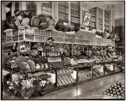 The Edw. Neumann grocery at Broadway Market in Detroit circa 1910. 8x10 glass plate negative, Detroit Publishing. View superjumbo full size. (Which is still less than half the pixel dimensions of the full-resolution, 6100 x 5000 image -- i.e., less than a quarter of the available detail!) Who'll be the first to count all the cans?