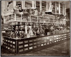 More delectables at the Edw. Neumann grocery in Detroit's Broadway Market circa 1910. 8x10 glass plate negative, Detroit Publishing. Superjumbo full size. Note the artfully arranged pickle slices in the big apothecary jar to the left.