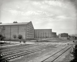 Walkerville, Ontario, circa 1900. "Warehouses from R.R., Walker distillery." 8x10 inch dry plate glass negative, Detroit Publishing Company. View full size.