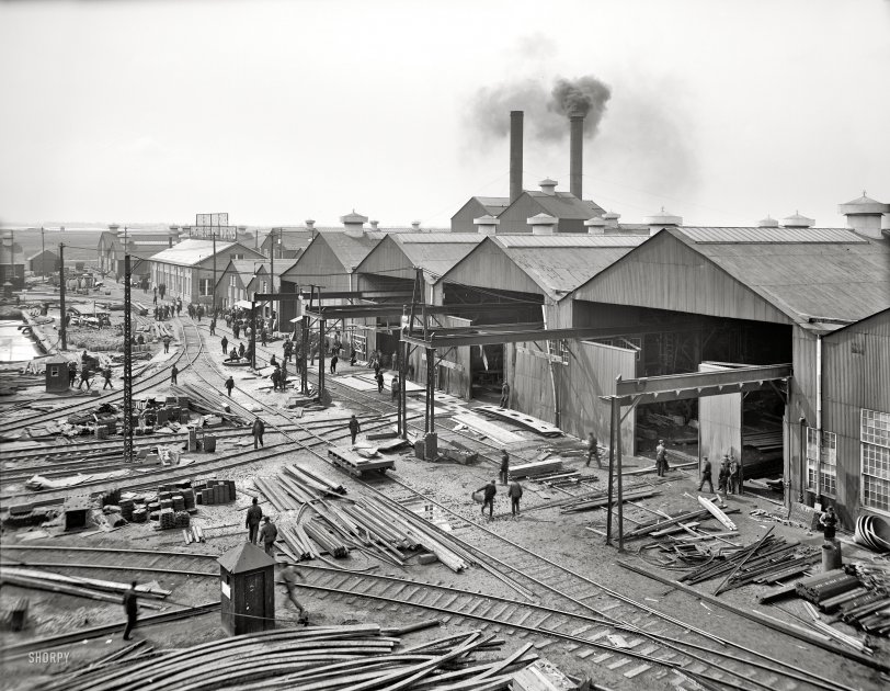 Ecorse, Michigan, circa 1906. "Great Lakes Engineering Works." Another view of this bustling shipyard on the Detroit River. Detroit Publishing Co. View full size.

