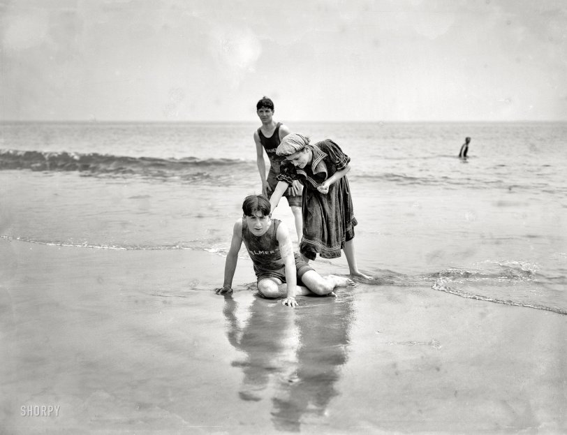 "A throwdown." All washed up on Coney Island circa 1905. 8x10 inch dry plate glass negative, Detroit Publishing Company. View full size.
