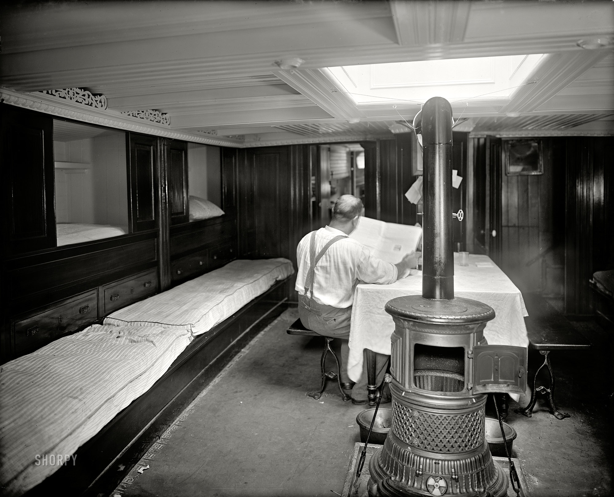 Circa 1900. "Cabin of pilot boat No.2, New York." 8x10 inch dry plate glass negative, Detroit Publishing Company. View full size.