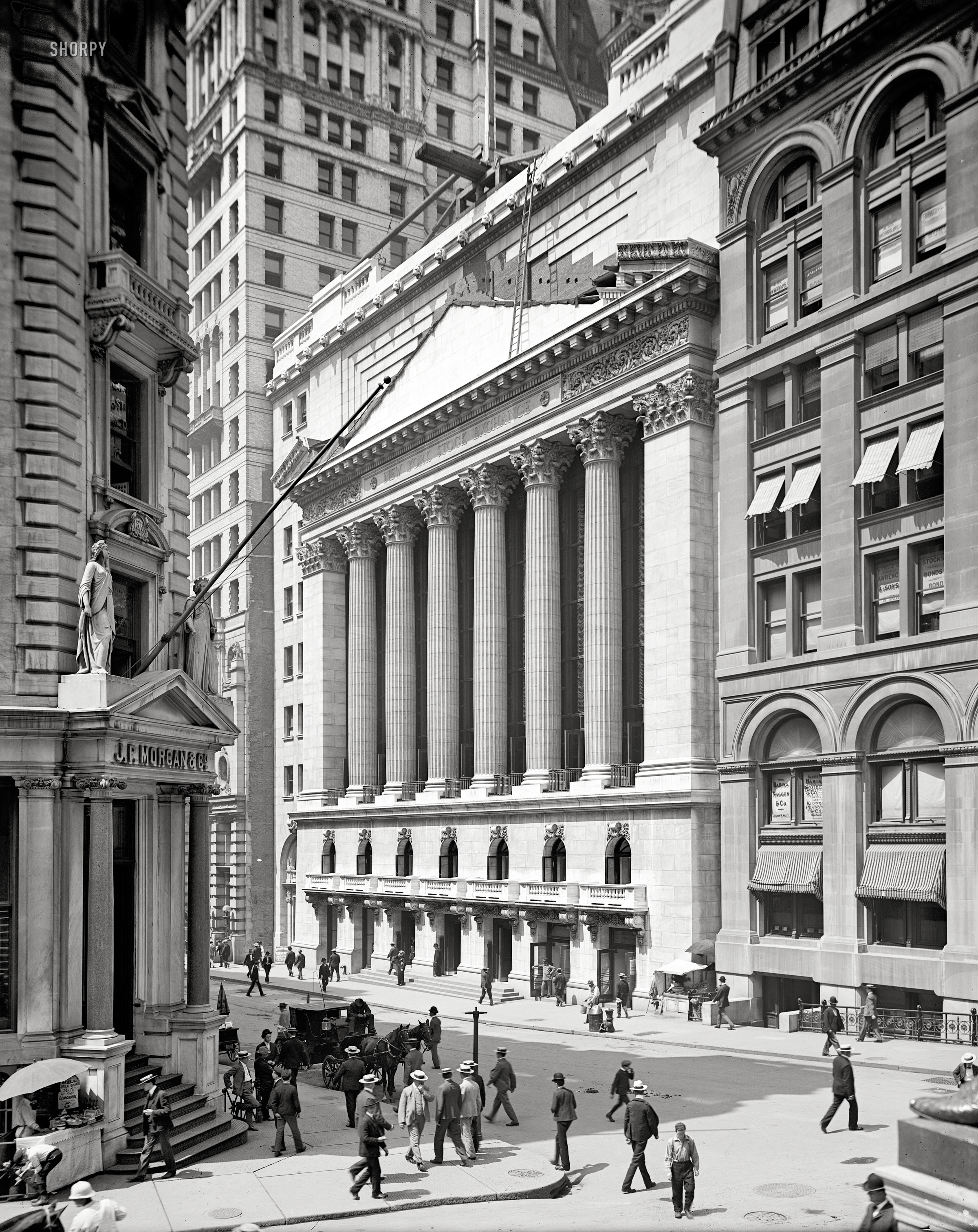 Lower Manhattan circa 1903. "New York Stock Exchange, Wall Street." 8x10 inch dry plate glass negative, Detroit Publishing Company. View full size.