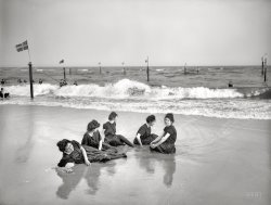 On the Atlantic circa 1905. "An afternoon on the beach." Careful not to burn those elbows! 8x10 inch glass negative, Detroit Publishing Company. View full size.