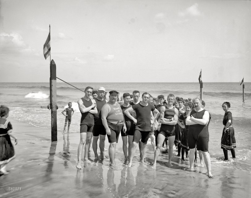New York circa 1905. "Capt. Riley and lifeguards, Coney Island." No horseplay or swooning allowed. 8x10 glass negative, Detroit Publishing Co. View full size.
