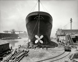 South Chicago, 1905. "Steamer William E. Corey, stern view on the ways." 8x10 inch dry plate glass negative, Detroit Publishing Company. View full size.