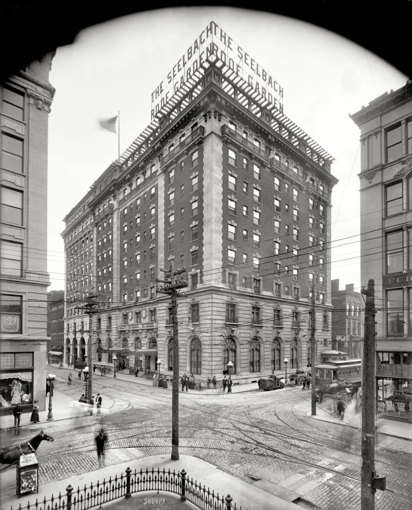 Louisville, Kentucky, circa 1907. "Seelbach Hotel." Which might have had a roof garden. 8x10 inch glass negative, Detroit Publishing Company. View full size.

