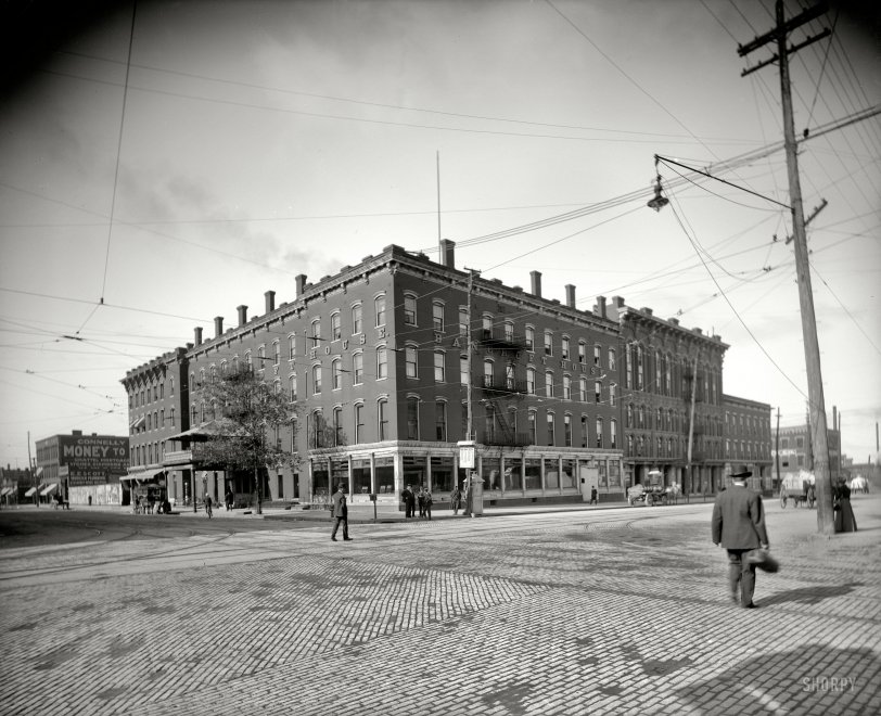 Saginaw, Mich., circa 1907. "Bancroft House Hotel." Note the transit schedule on the corner, "Interurban cars for Bay City." Detroit Publishing Co. View full size.
