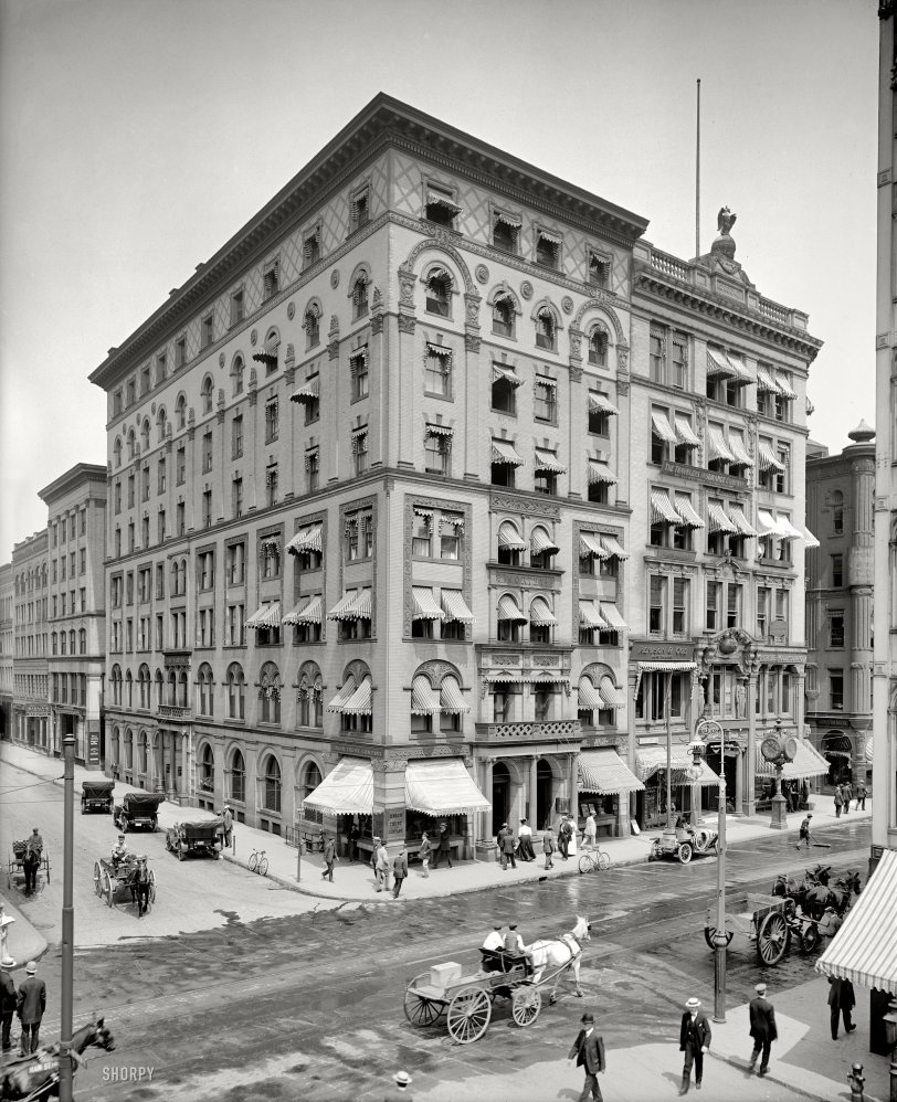 Springfield, Massachusetts, circa 1908. "Worthy Hotel." Pictured during street-cleaning hour. 8x10 inch glass negative, Detroit Publishing Co. View full size.
