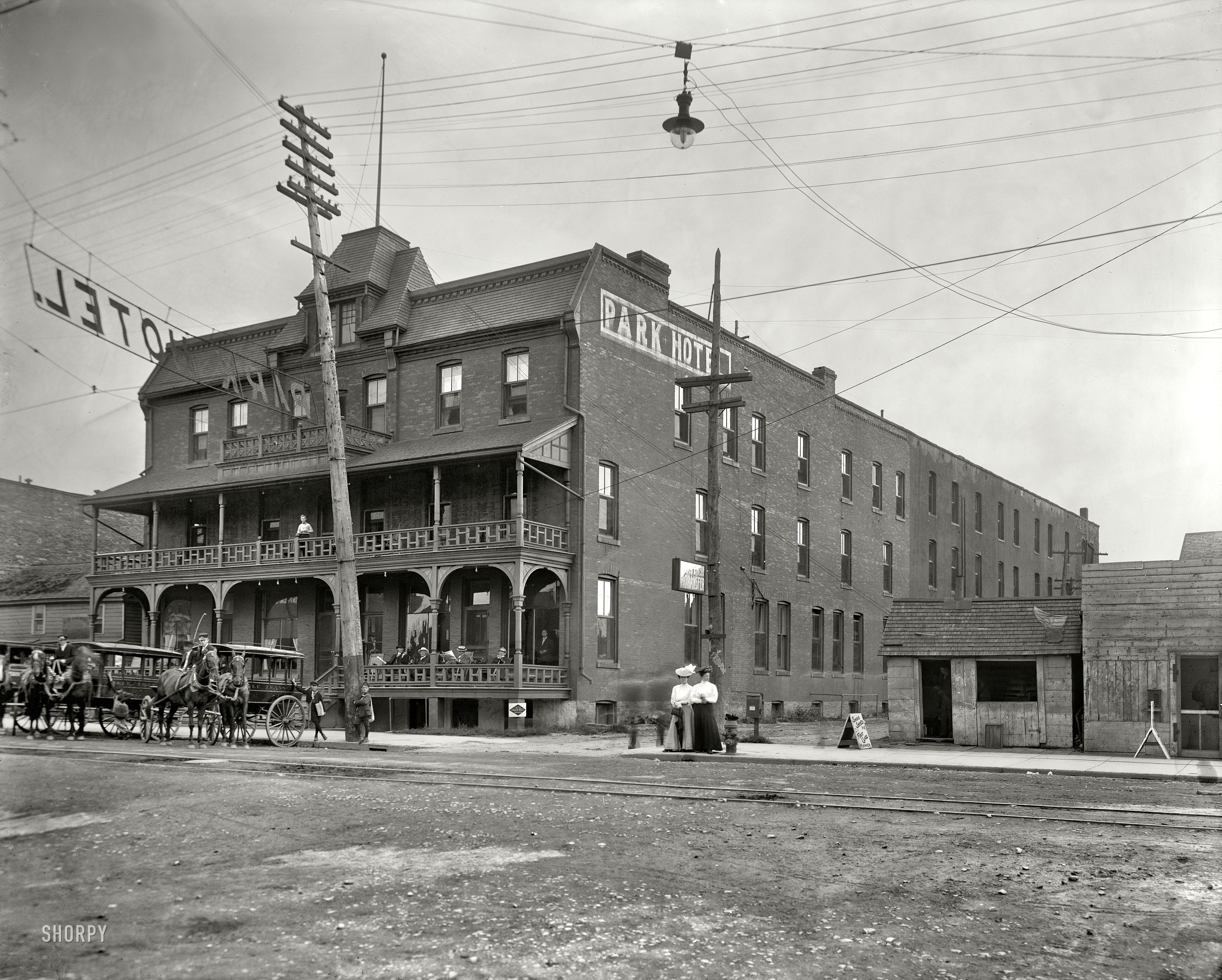 Sault Sainte Marie, Michigan, circa 1905. "Park Hotel." An interesting cast of characters in less than parklike surroundings. Detroit Publishing. View full size.
