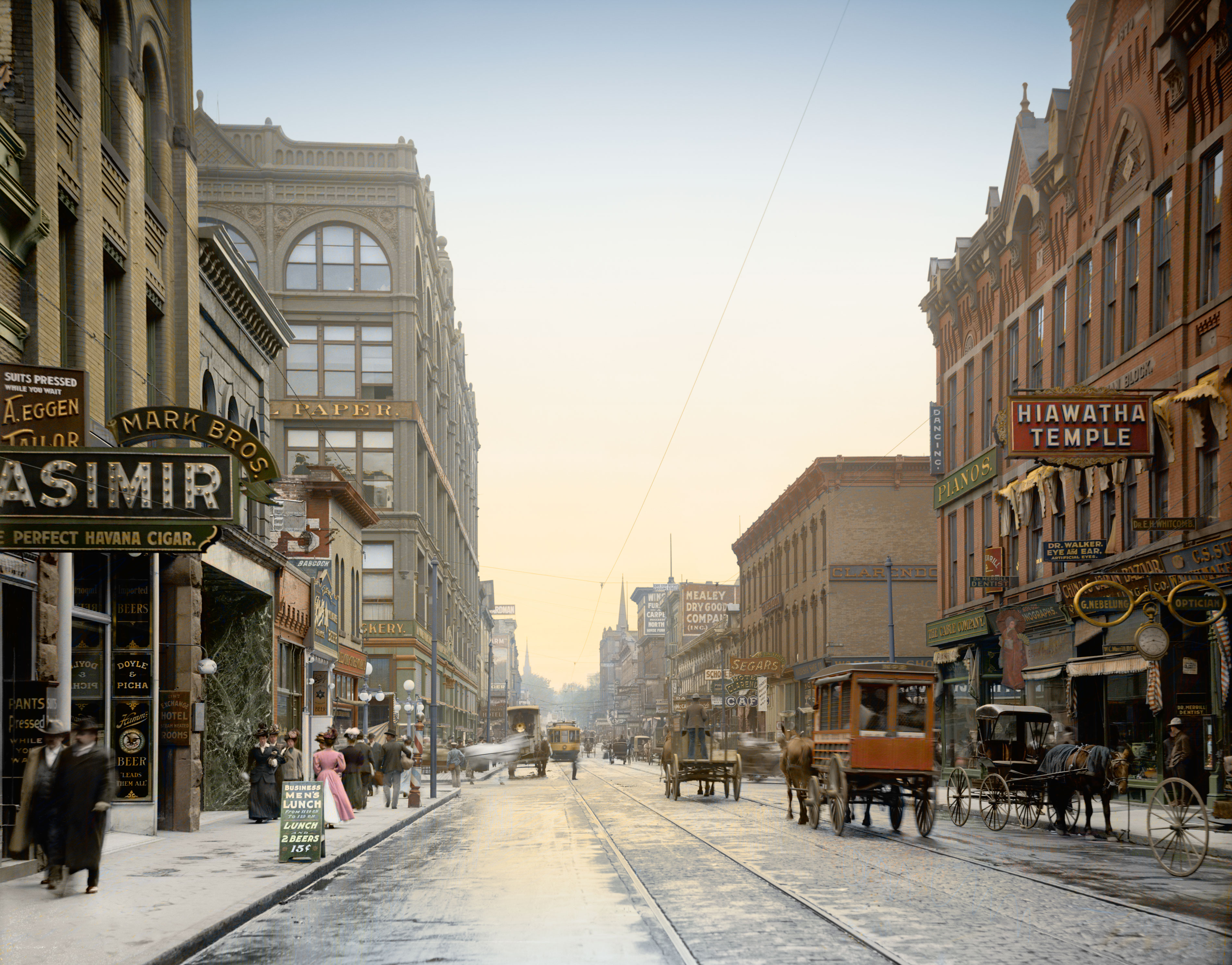 St. Paul, Minnesota, circa 1908. "Wabasha Street." The early 20th century was a golden age of signcraft. Gilded wooden letters and 24K gold leaf window treatments were standard. Several classic lettering manuals were published during this time, with graphic styles influenced by Victorian ornament and the Art Nouveau movement. To an ex-sign painter (a profession killed by the computer, alas), Wabasha Street is a candy store. This is how I imagine it looked, a chilly morning in St. Paul one hundred years ago. Keen-eyed Shorpians may notice a couple of small modifications to the original photograph. View full size.