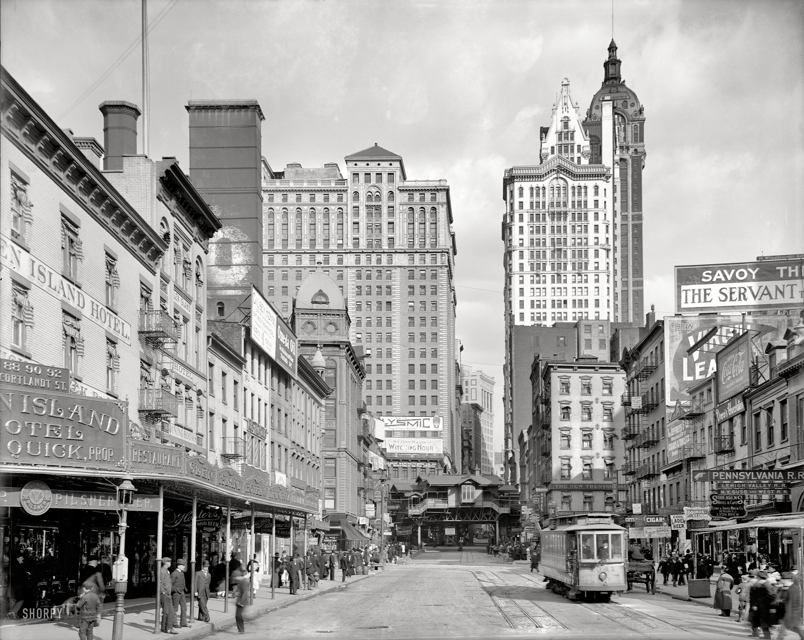 New York circa 1908. "Cortlandt Street." Lapping at the balmy shores of the Glen Island Hotel, with the new Singer Building rising in the distance. 8x10 inch dry plate glass negative, Detroit Publishing Company. View full size.