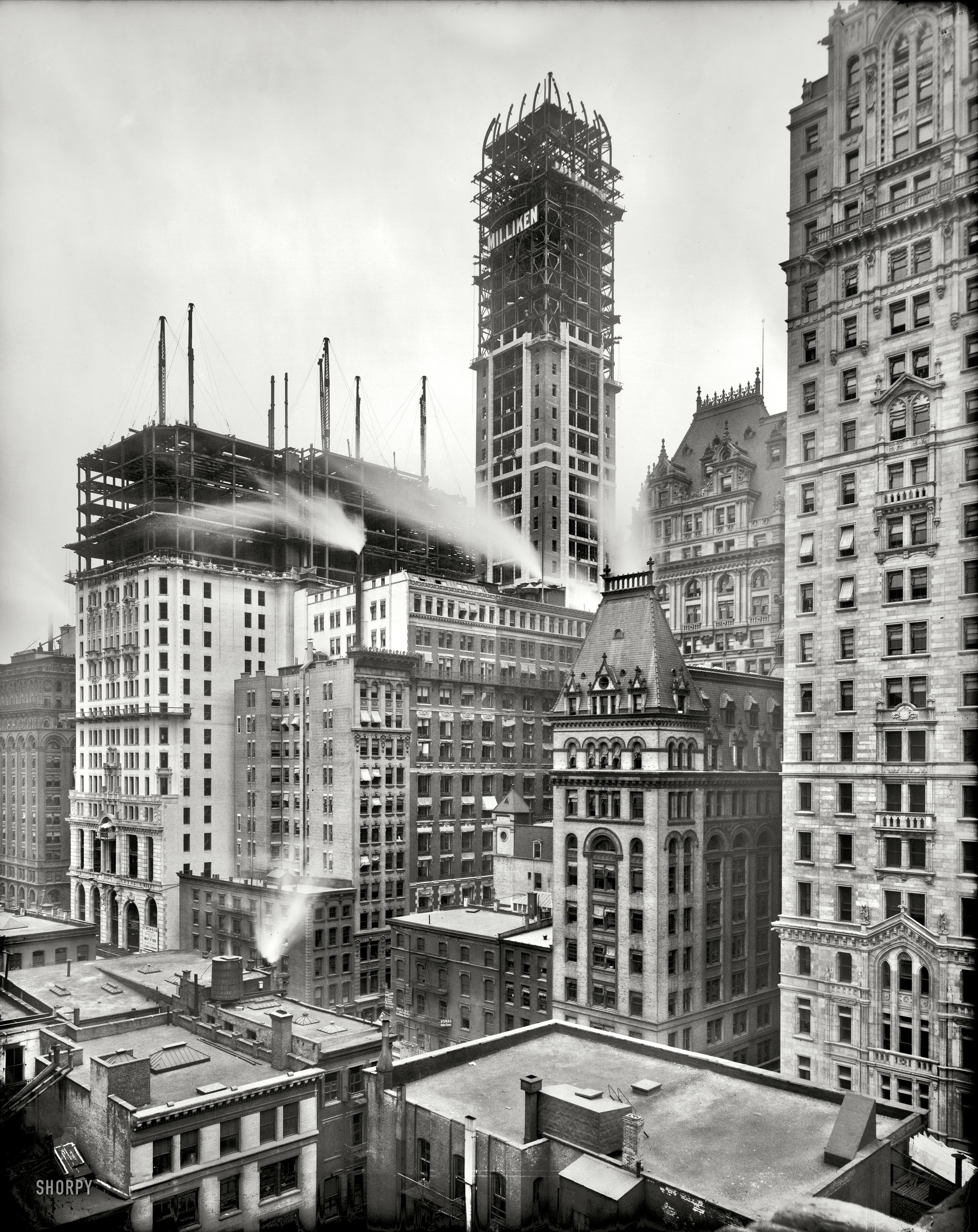 New York circa 1907. "Singer Building under construction." 8x10 inch dry plate glass negative, Detroit Publishing Company. View full size.