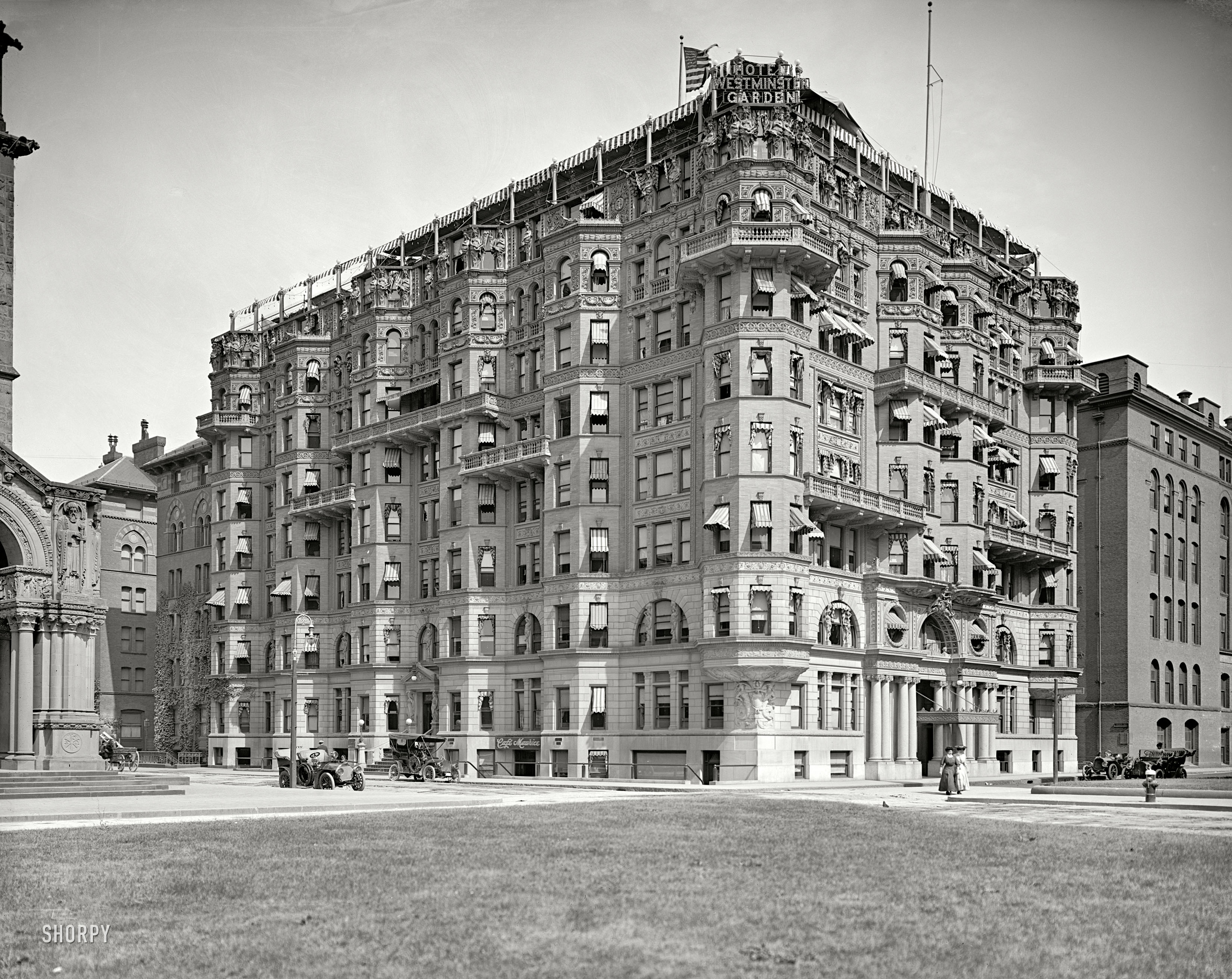 Boston, Massachusetts, circa 1908. "Hotel Westminster." Equipped with a bevy of bay windows as well as the de rigueur roof garden restaurant. View full size.