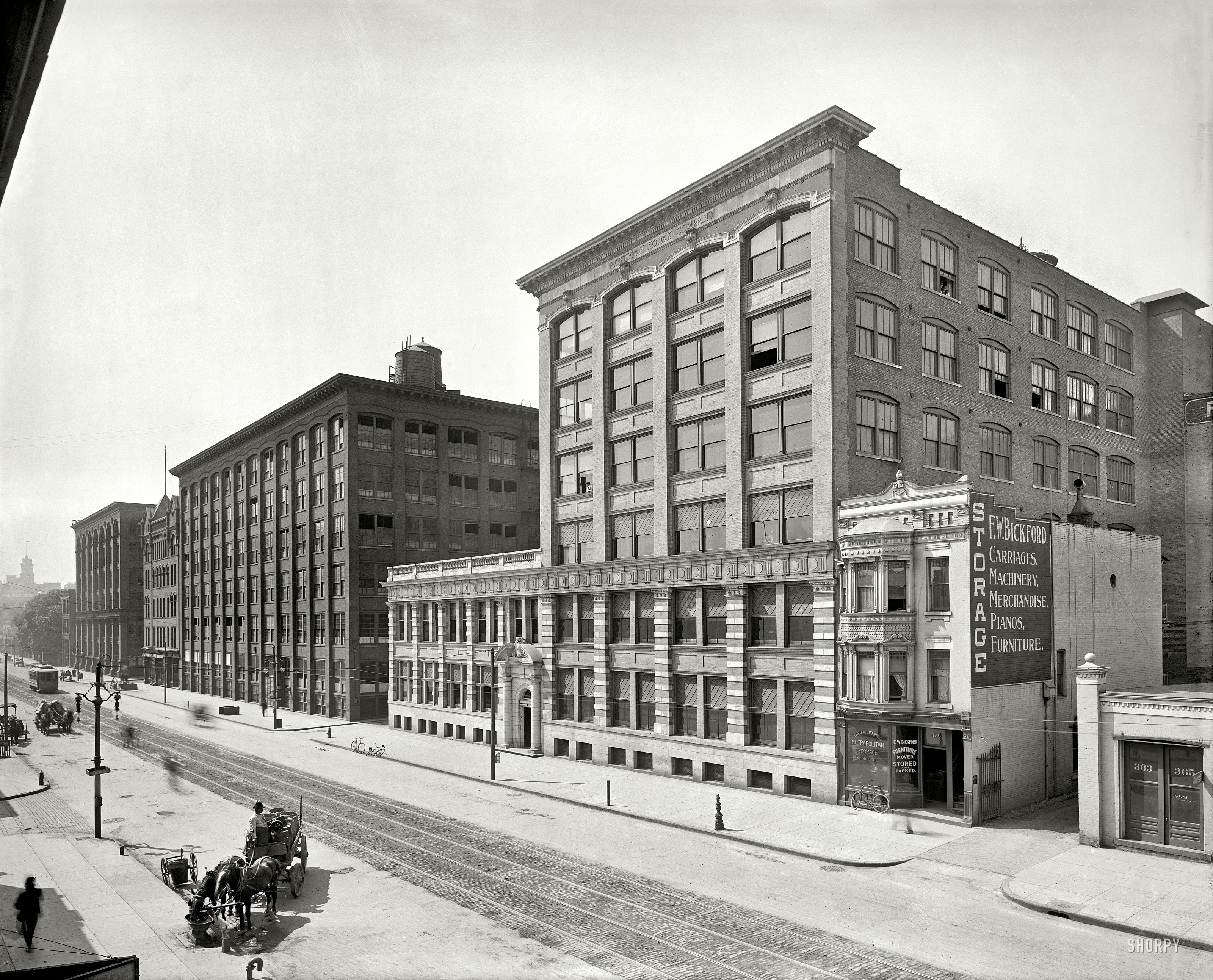 Circa 1905. "Eastman Kodak Co., State Street factory and main office. Rochester, New York." Future home of the late lamented Kodachrome. 8x10 inch dry plate glass negative, Detroit Publishing Company. View full size.