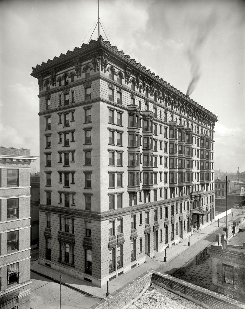 New Orleans circa 1908. "New Hotel Denechaud, Poydras Street." A century later, it's the hotel Le Pavillon. Detroit Publishing glass negative. View full size.
