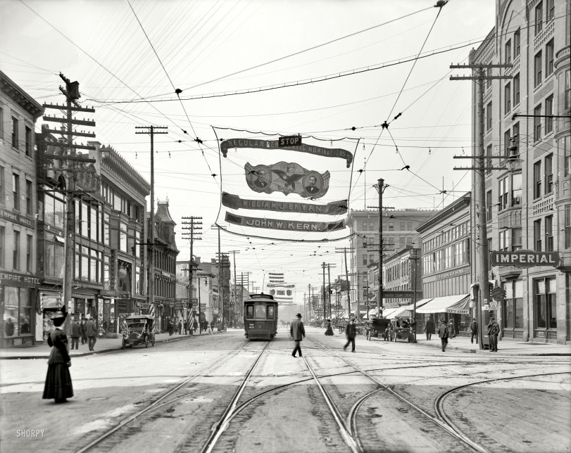 Niagara Falls, New York, in 1908. "Niagara Street." Presided over by a banner advertising the Democratic presidential ticket of William Jennings Bryan and John Kern. Or advising against them if you take the streetcar sign into account. 8x10 inch dry plate glass negative, Detroit Publishing Company. View full size.
