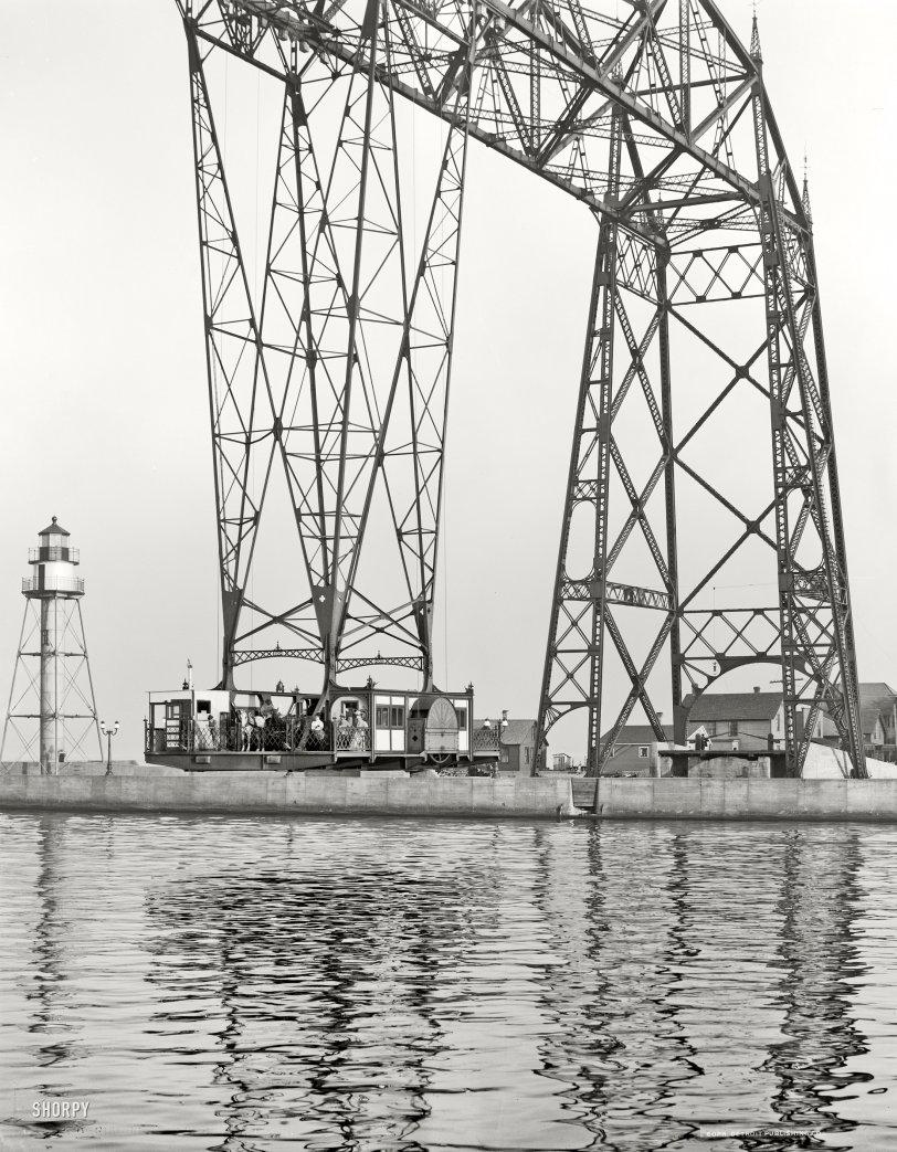 Duluth, Minnesota, circa 1908. "Aerial bridge car, Duluth Ship Canal." 8x10 inch dry plate glass negative, Detroit Publishing Company. View full size.
