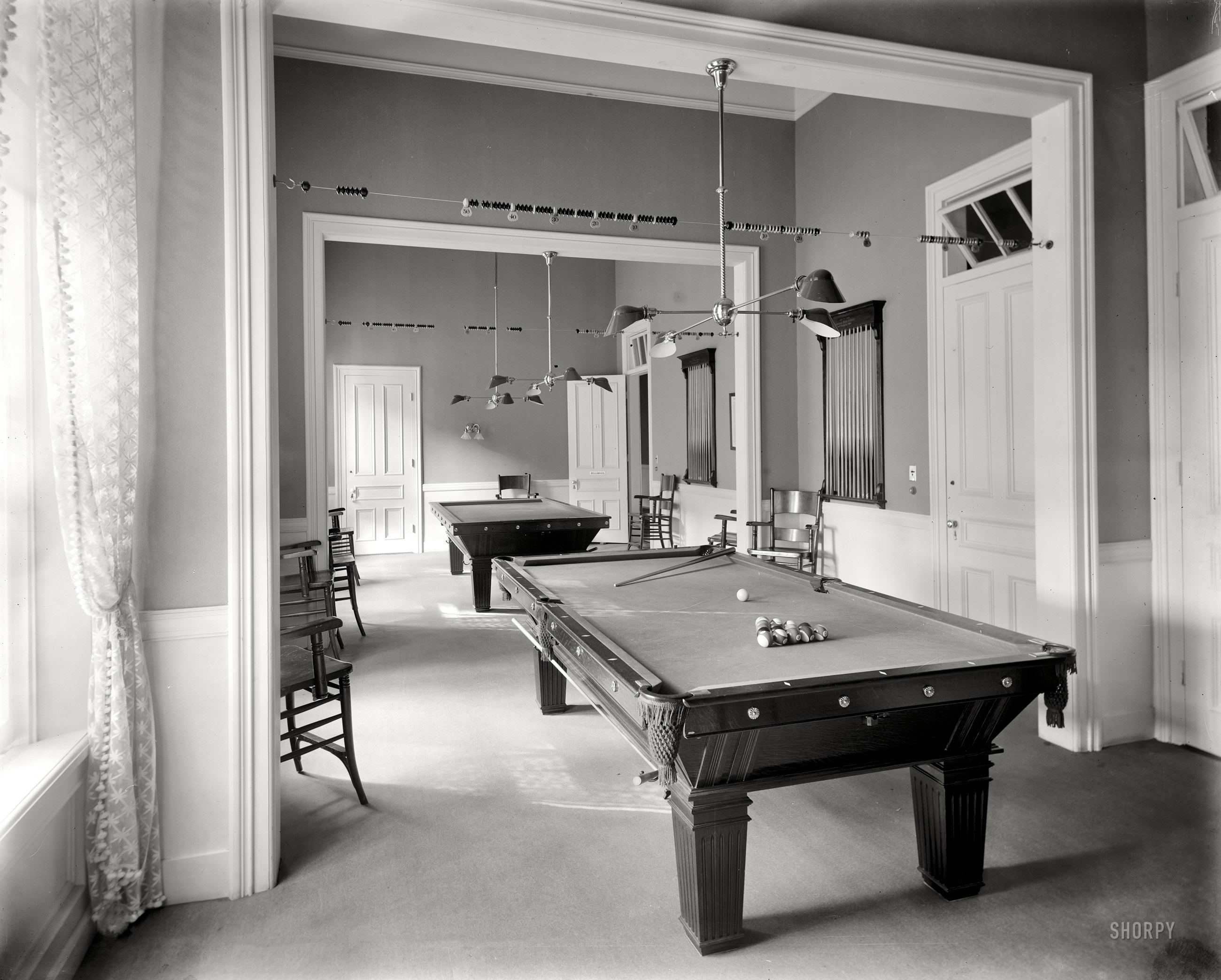 Lake George, New York, circa 1908. "Billiard room, Fort William Henry Hotel." 8x10 inch dry plate glass negative, Detroit Publishing Company. View full size.