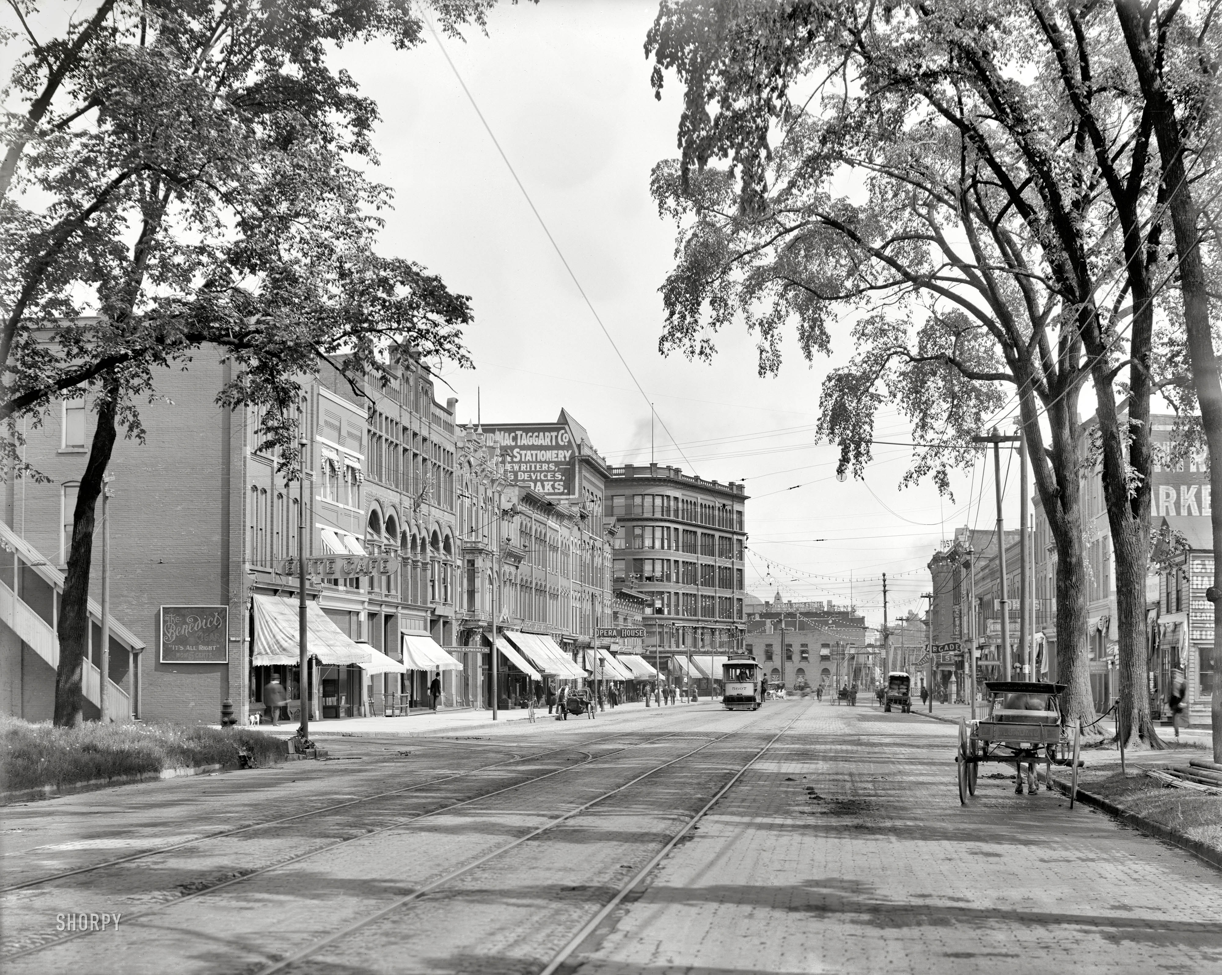 Port Huron, Michigan, circa 1908. "Military Street." Breathe deep its heady mix of cigar smoke, coal soot, gasoline fumes and fresh manure! View full size.
