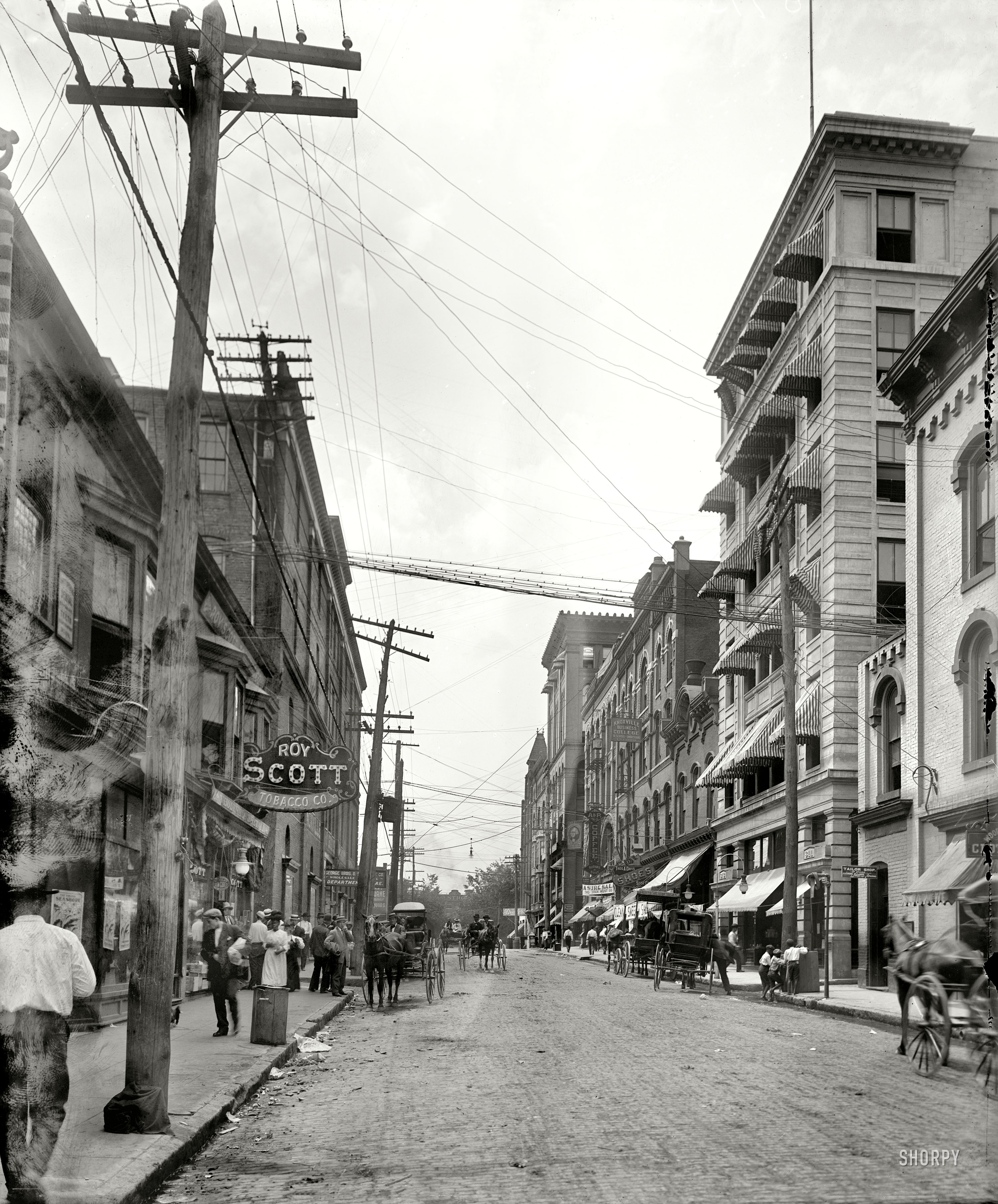 Knoxville, Tennessee, circa 1906. "Wall Street west from Gay." Behind the smudges and fingerprints, an interesting slice of life. View full size.