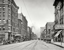 Memphis, Tennessee, circa 1910. "Main Street north from Gayoso Avenue." Our second look at the Hotel Gayoso and flower shop next door. 8x10 inch dry plate glass negative, Detroit Publishing Company. View full size.