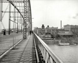 Little Rock, Arkansas, circa 1910. "View from the Free Bridge." The sign: YOU MUST WALK YOUR HORSE OVER BRIDGE. View full size.
