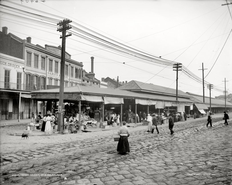 Circa 1910. "French Market, New Orleans." Our second look at the market at N. Peters and Decatur streets. Detroit Publishing Co. glass negative. View full size.
