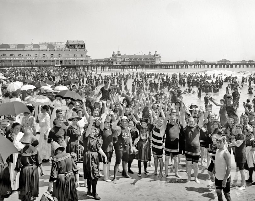 The Jersey Shore circa 1910. "Hands up on the beach at Atlantic City." 8x10 inch dry plate glass negative, Detroit Publishing Company. View full size.
