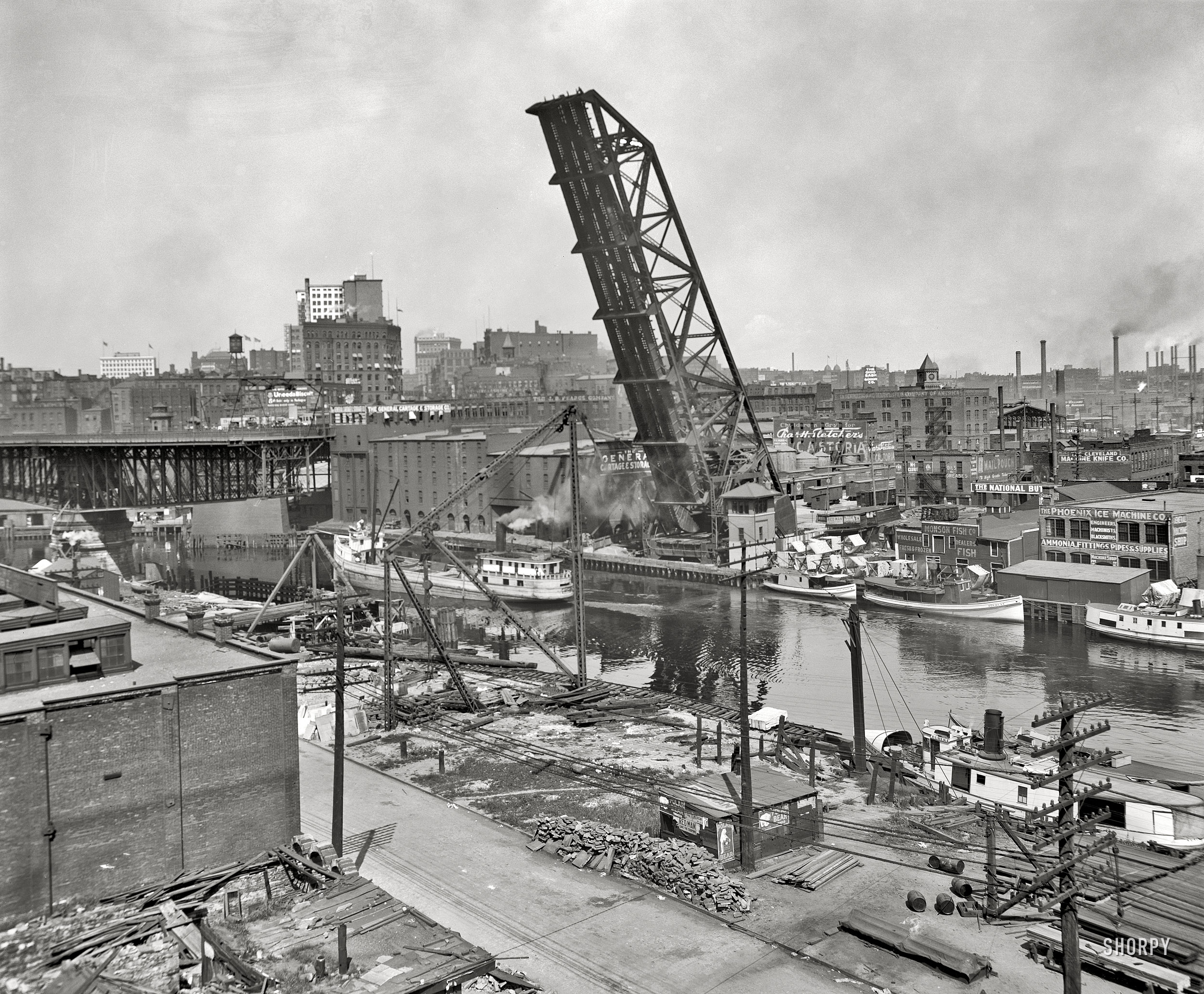 Cleveland, Ohio, circa 1910. "Lift bridge and Superior Avenue viaduct, Cuyahoga River." 8x10 inch dry plate glass negative, Detroit Publishing Co. View full size.