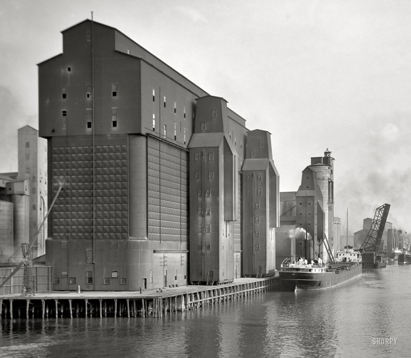 Buffalo, New York, circa 1910. "Canal harbor and elevators." 8x10 inch dry plate glass negative, Detroit Publishing Company. View full size.

