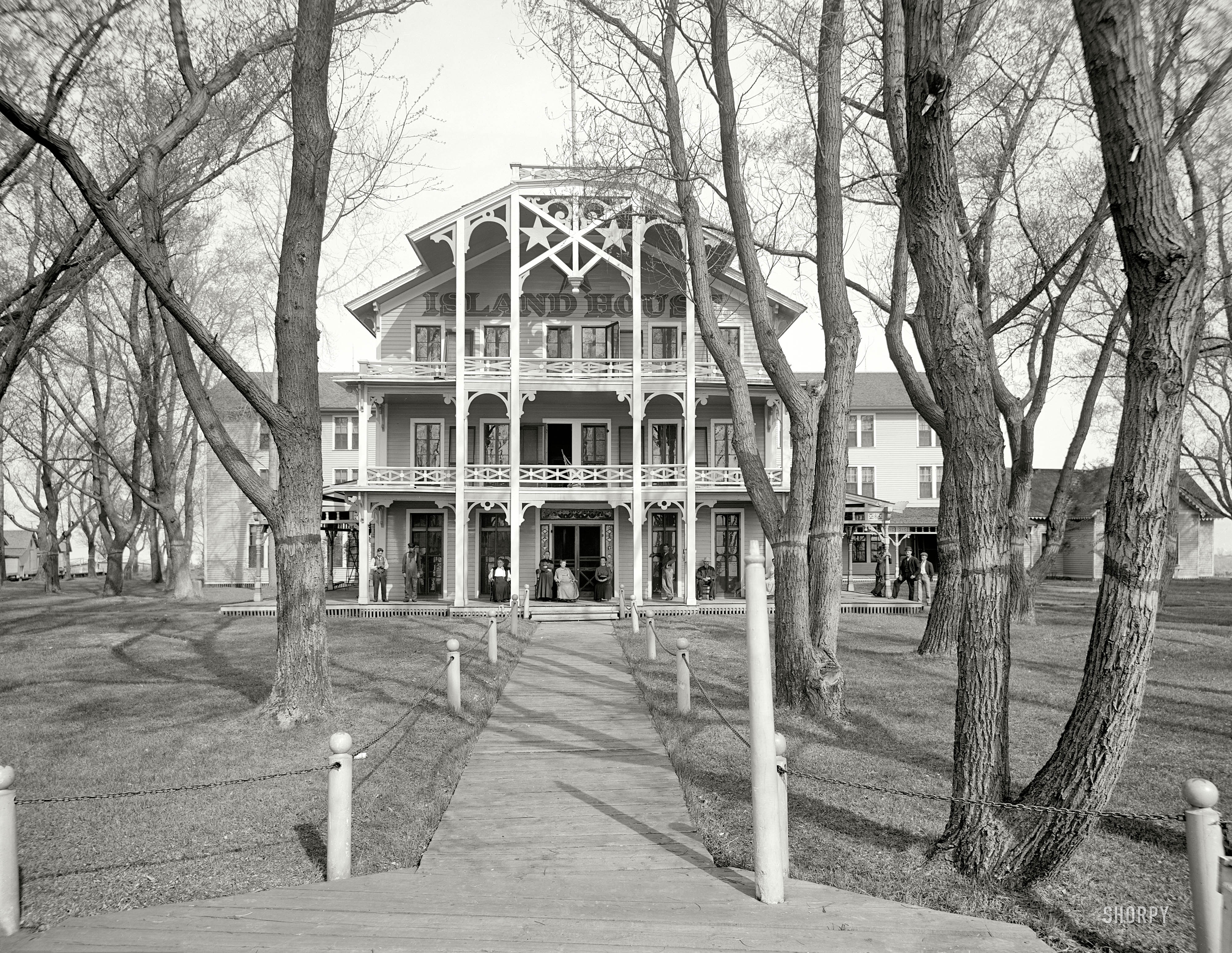 St. Clair Flats, Michigan, circa 1910. "Star Island House." A hotel on the St. Clair River whose scenic arboreal allée, Willow Avenue, we saw last week. 8x10 inch dry plate glass negative, Detroit Publishing Company. View full size.