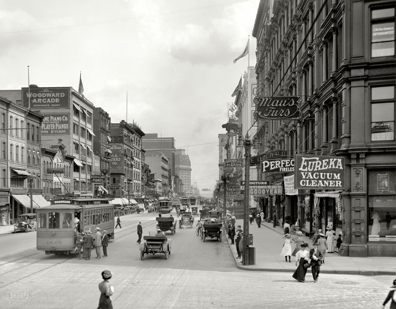 Detroit, Michigan, circa 1912. "Woodward Avenue." A shopper's paradise. Meet you in an hour at Cinnabon. Detroit Publishing glass negative. View full size.
