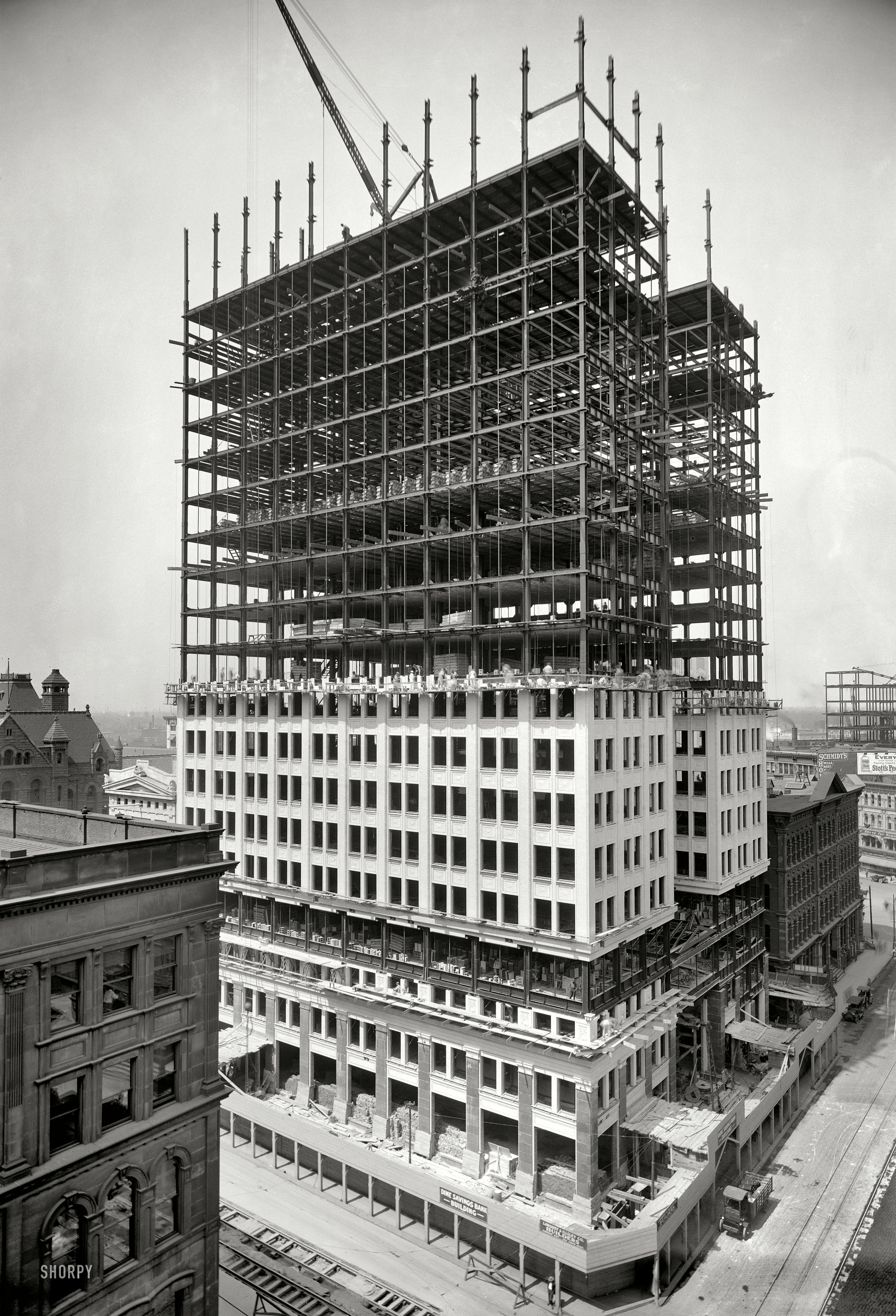 Detroit, Michigan, circa 1911. "Dime Savings Bank building under construction." 8x10 inch dry plate glass negative, Detroit Publishing Company. View full size.