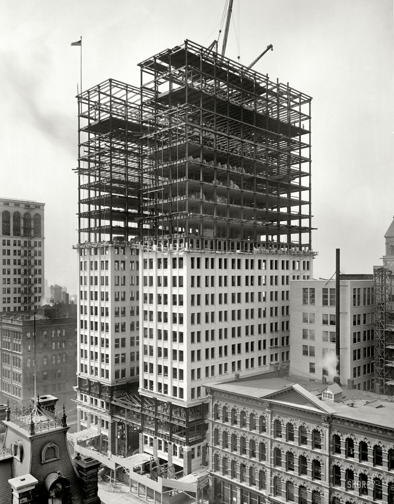Detroit, Michigan, circa 1911. "Dime Savings Bank building under construction." 8x10 inch dry plate glass negative, Detroit Publishing Company. View full size.
