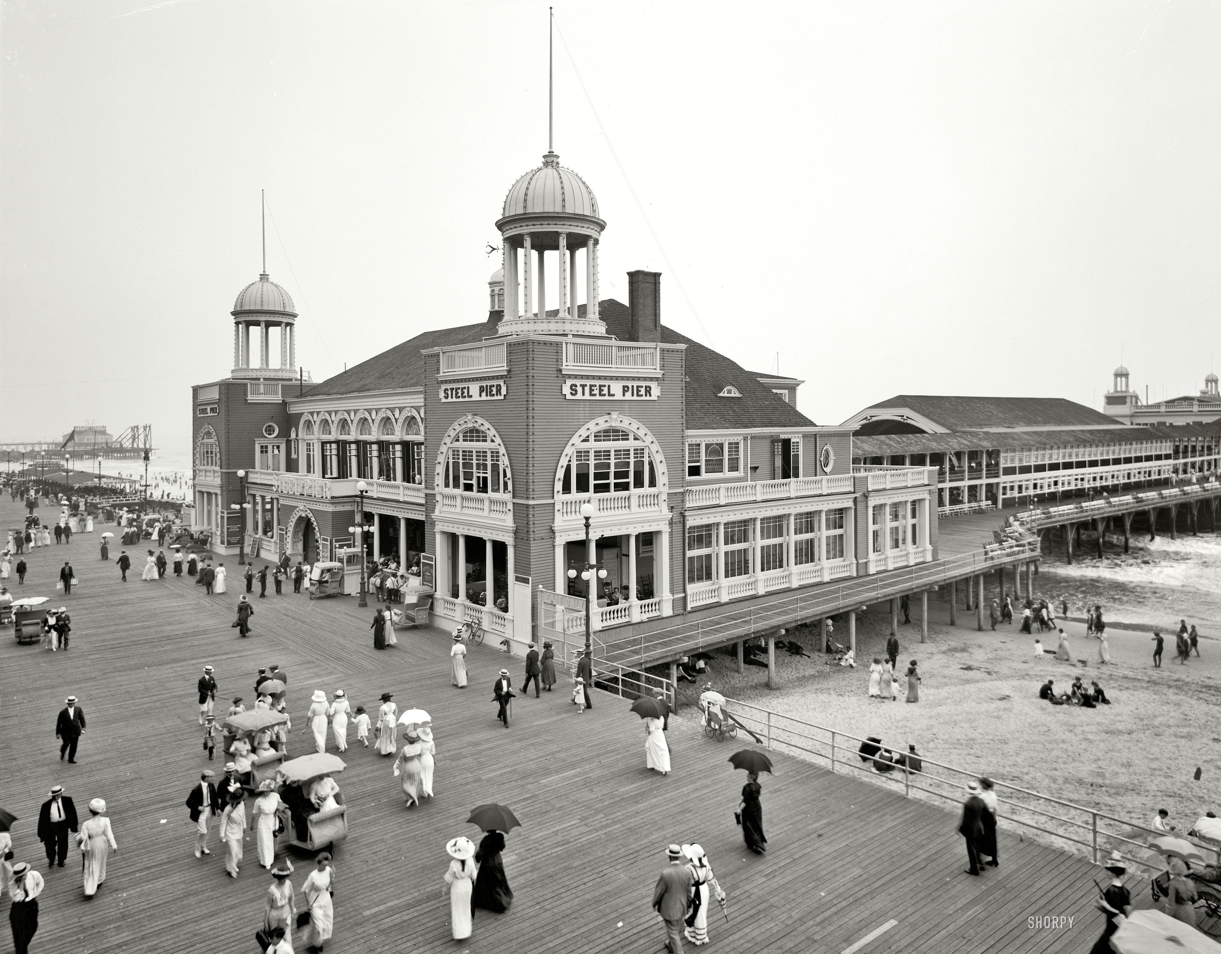 The Jersey Shore circa 1910. "Steel Pier, Atlantic City." Now playing: Vessella's Italian Band. 8x10 inch glass negative, Detroit Publishing Co. View full size.