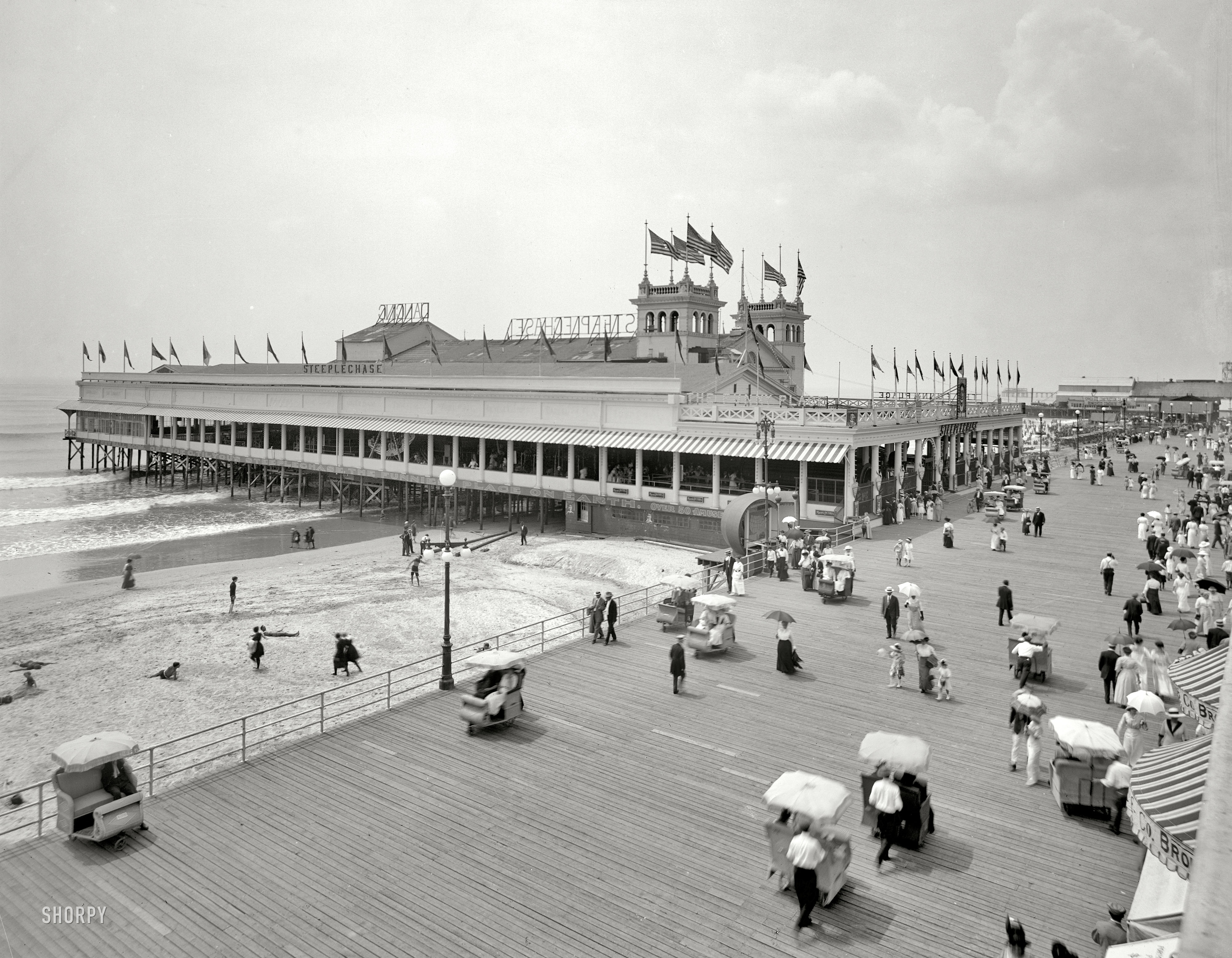 The Jersey Shore circa 1910. "Steeplechase Pier and Boardwalk, Atlantic City." 8x10 inch dry plate glass negative, Detroit Publishing Company. View full size.