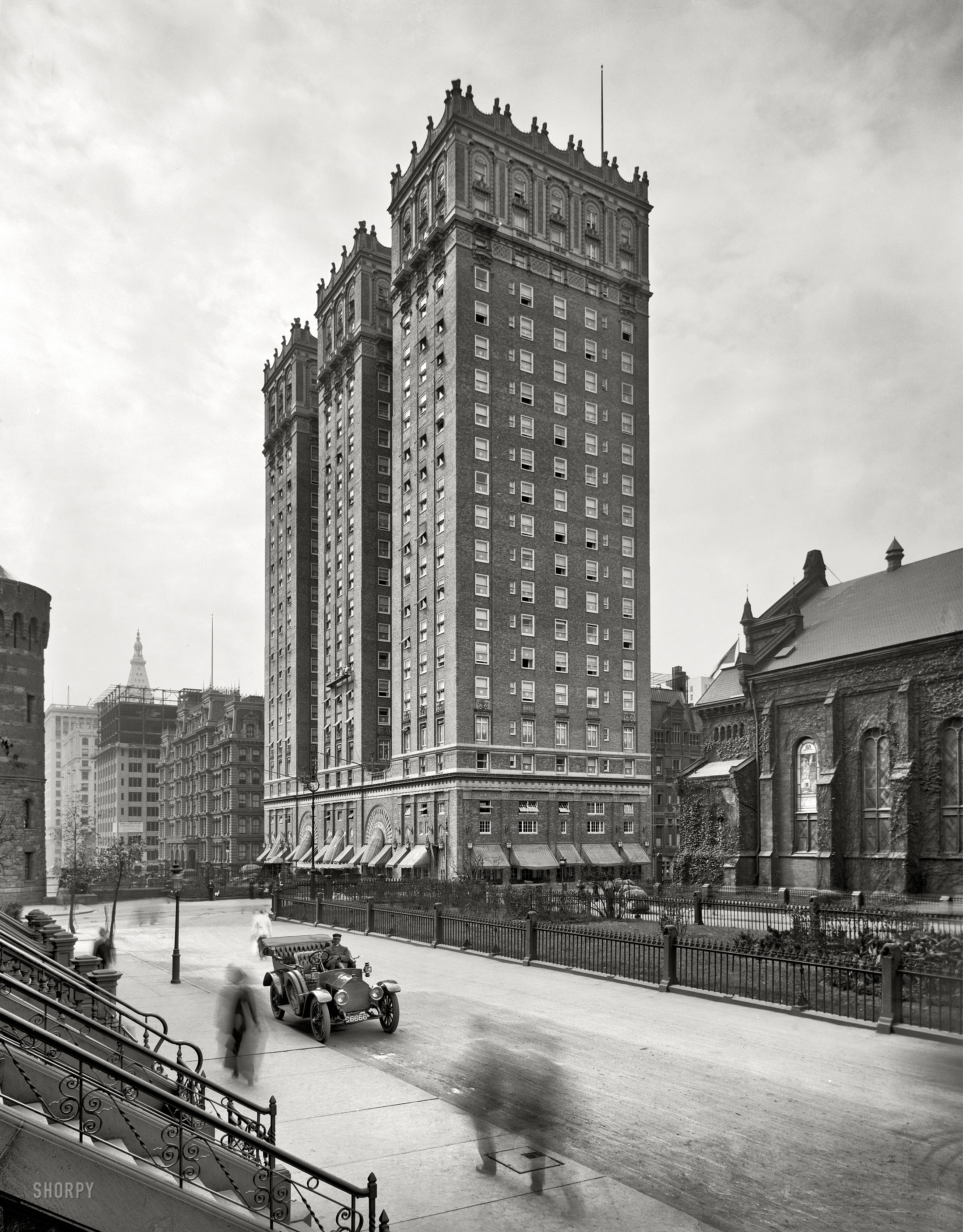 New York circa 1913. "Vanderbilt Hotel, Park Avenue at 34th Street." 8x10 inch dry plate glass negative, Detroit Publishing Company. View full size.