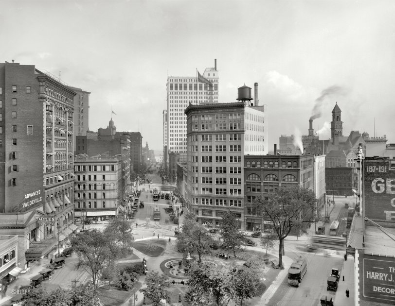Detroit circa 1912. "Griswold Street from Capitol Park." Home of the Miles Theater and "Advanced Vaudeville" -- you'll laugh, you'll cry, you'll need a slide rule and a thesaurus. 8x10 glass negative, Detroit Publishing. View full size.
