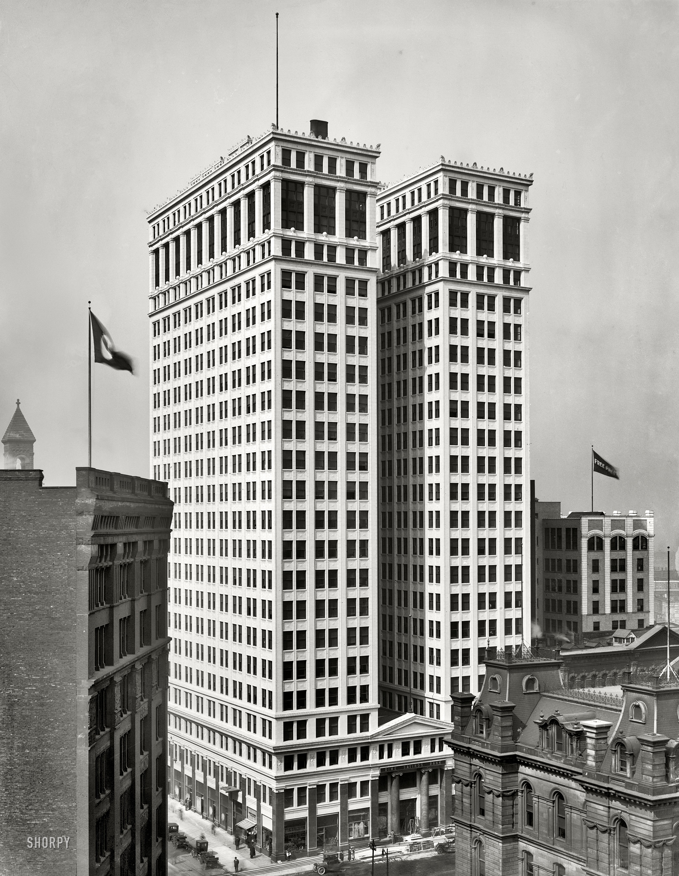 Detroit, Michigan, circa 1912. "Dime Savings Bank." The slot must be in the top. 8x10 inch glass negative, Detroit Publishing Company. View full size.