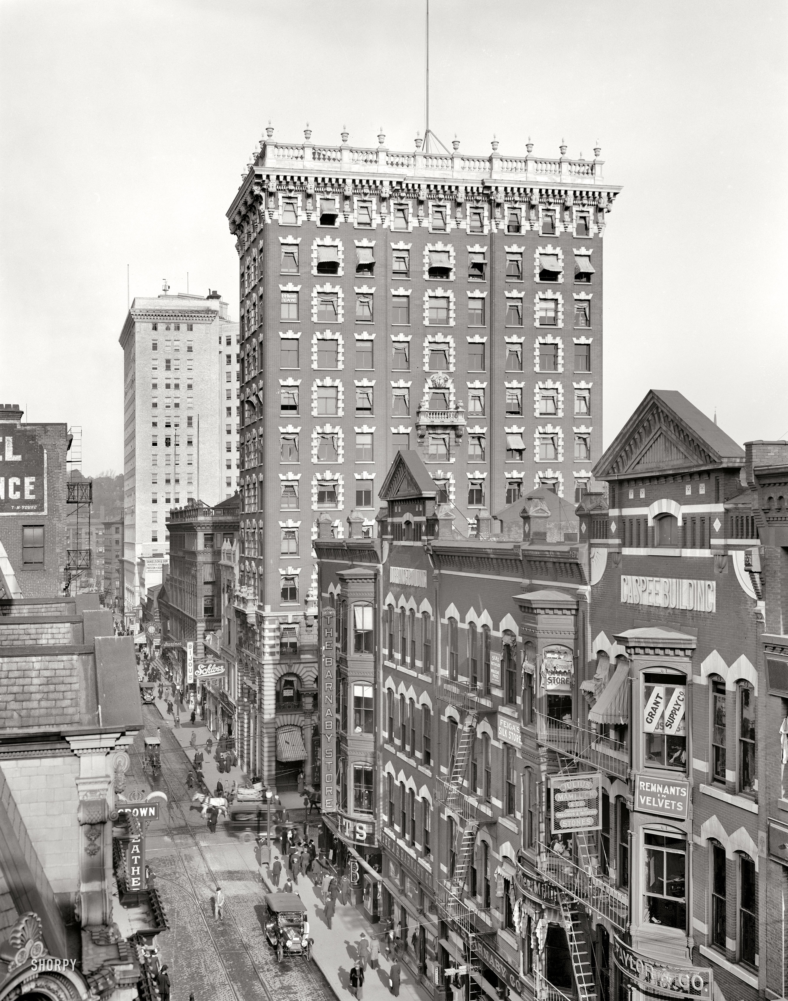 Providence, Rhode Island, circa 1910. "Westminster Street." An interesting and varied cross-section of commerce with the Union Trust building as the centerpiece. 8x10 inch glass negative, Detroit Publishing Co. View full size.