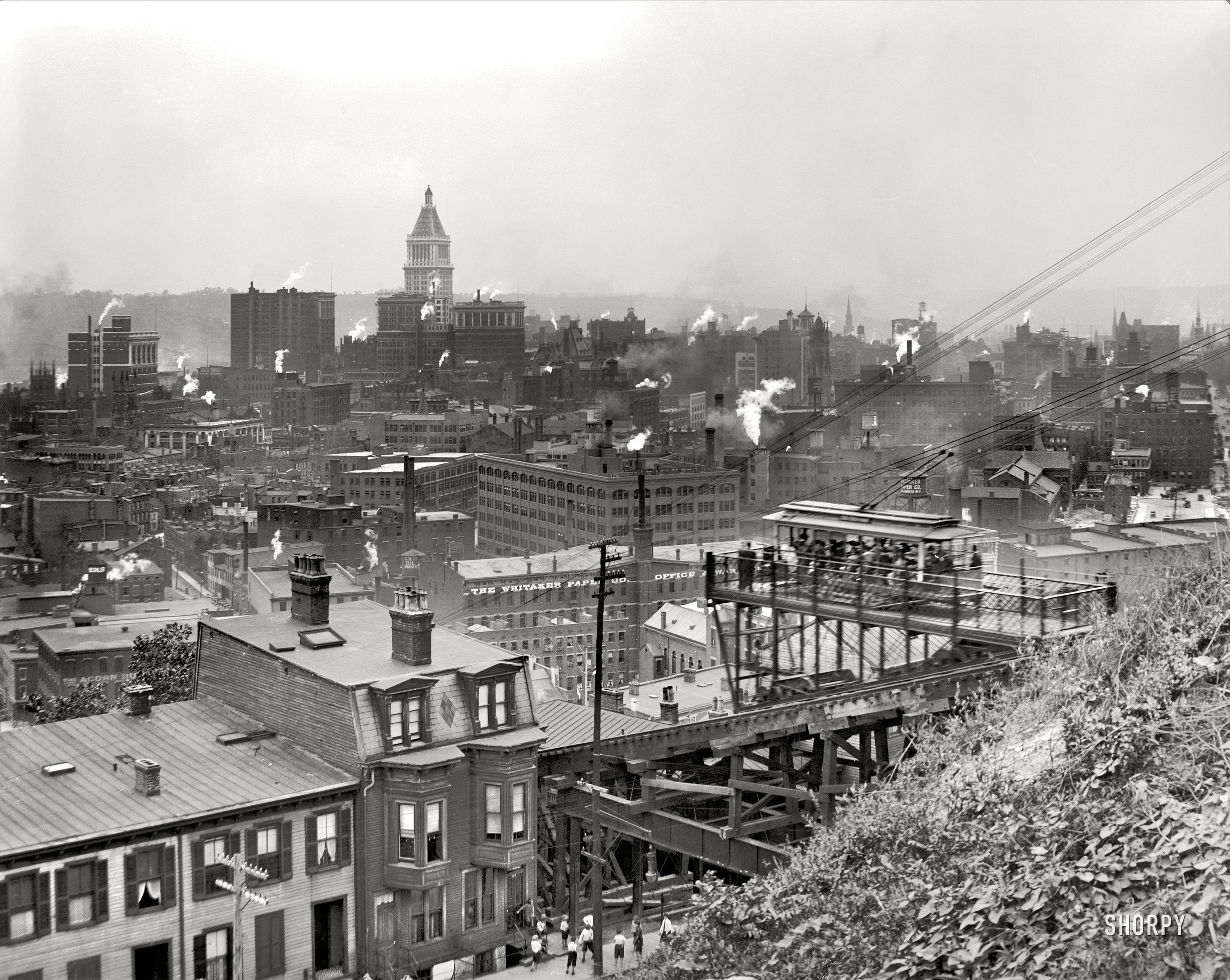 Cincinnati, Ohio, circa 1915. "View from Mount Adams." At right, a streetcar on the incline railway; the Union Central Insurance tower rises in the distance. 8x10 inch dry plate glass negative, Detroit Publishing Company. View full size.