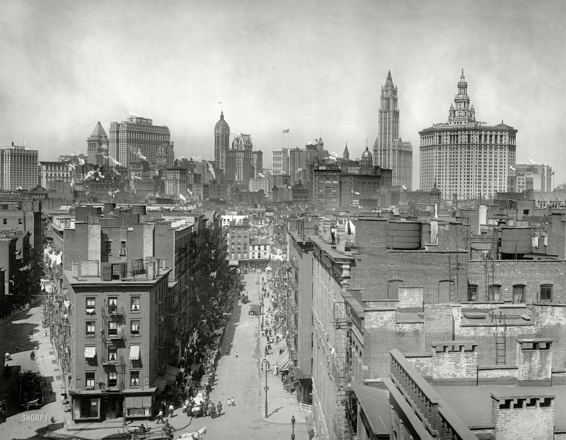 New York circa 1915. "New York skyline from Manhattan Bridge." Another entry from Detroit Publishing's series of sooty cityscapes. View full size.
